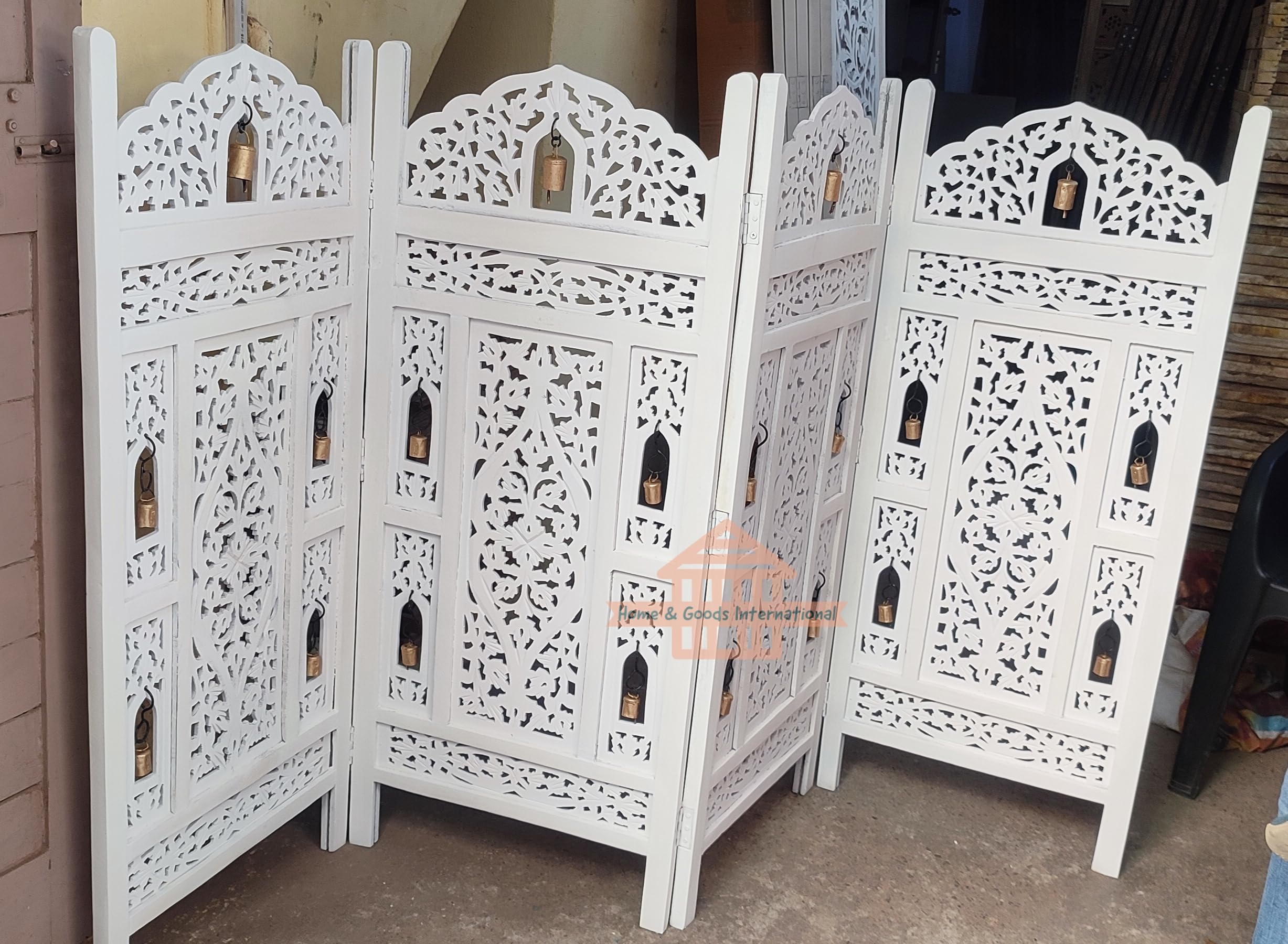 Home & Goods International Wooden Room Divider Partition | Foldable Privacy Screen for Home, Office, Salon, Studio, Pooja, Hall, Farmhouse, Balcony Etc (4 Feet Bell Design - 4 Panel White)-picture-31
