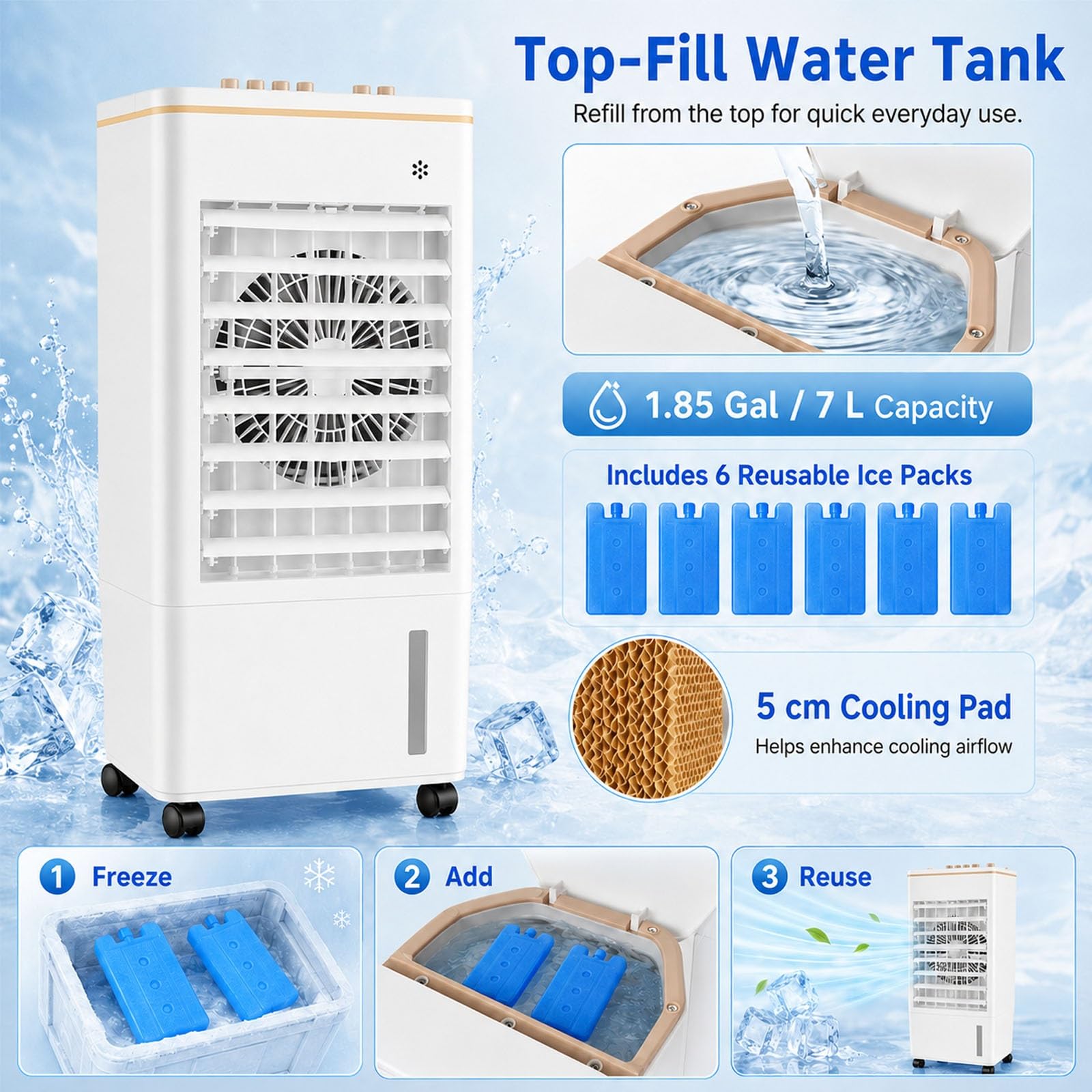 Climatizador Evaporativo Portátil 7 L, Enfriador de Aire Portátil Sin Tubo con 6 Bloques de Hielo, 3 Velocidades, Oscilación 120 Grados para Dormitorio y Oficina