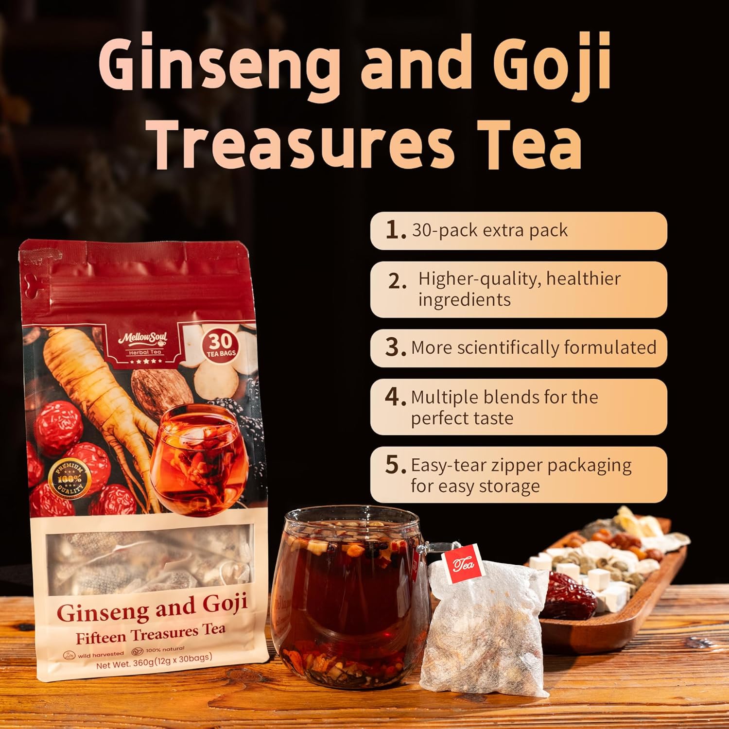Kidney Tea for Women Men Traditional Chinese Herbal Tea, Biodegradable Tea Bags, Natural Organic Kidney Cleanse Detox Tea Ginseng Caffeine-Free Detox Support Wellness & Vitality Support(1 Pack/30 Bags) (Fifteen Treasues)
