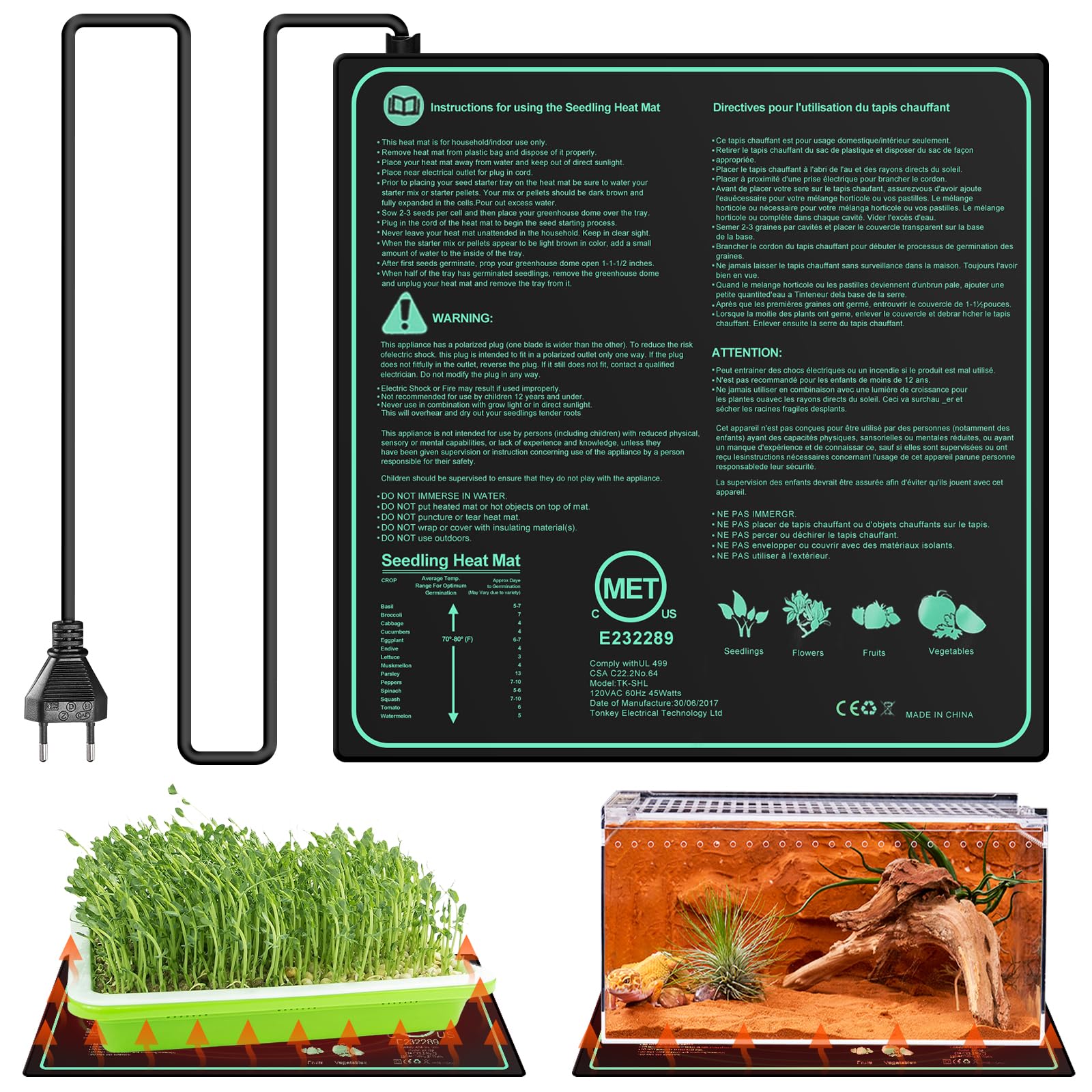 Leikurvo Alfombrilla calefactora para plantas, alfombrilla calefactora 50 x 52 cm para la germinación de semillas y animales domésticos 45 W con termostato para reptiles y temperatura del dragón