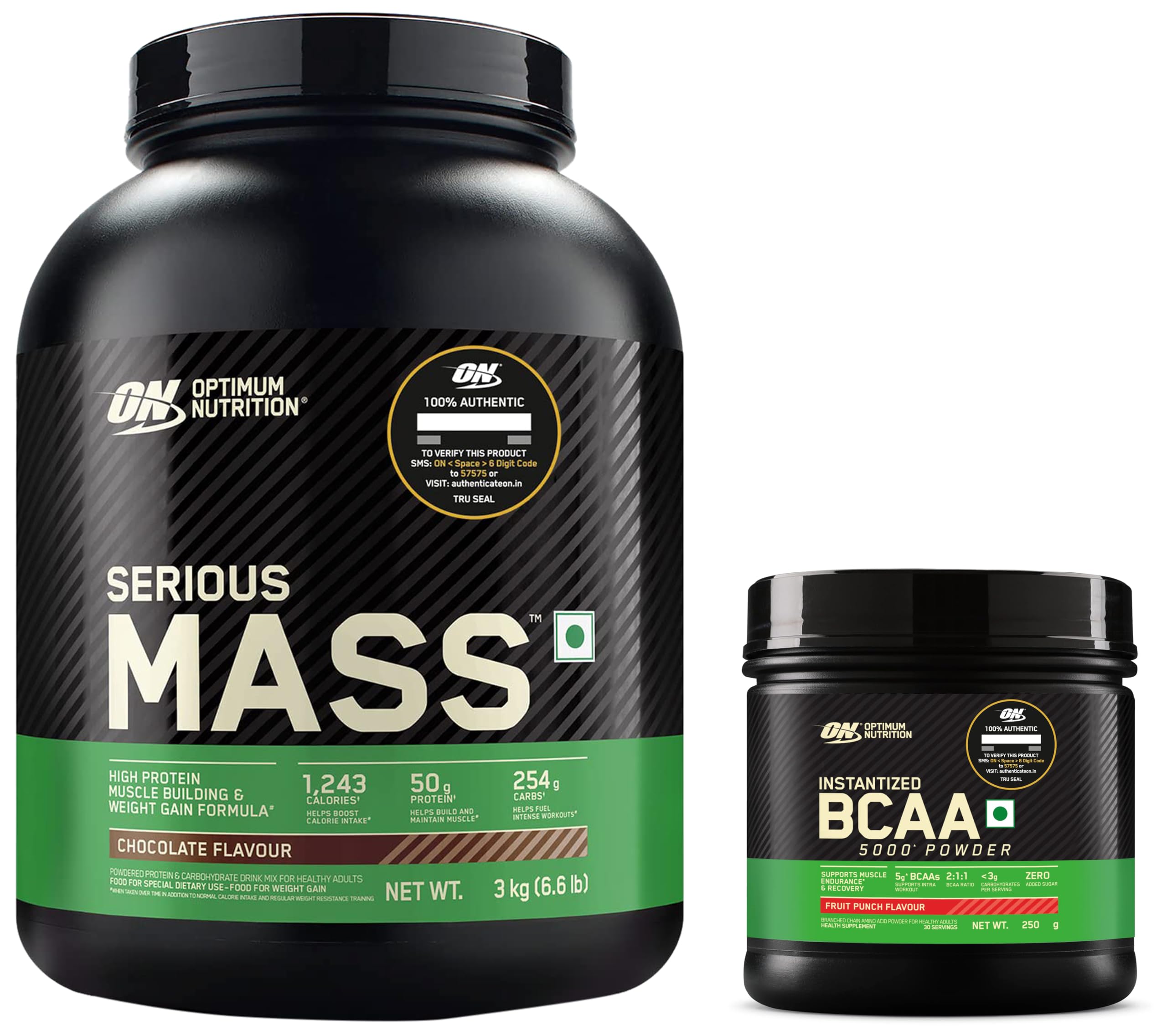 OPTIMUM NUTRITION (ON) Serious Mass High Protein High Calorie Weight Gainer Powder - 3 kg (Chocolate) & Optimum Nutrition BCAA, 5g BCAAs in 2:1:1 Ratio, 30 servings (250gm, Fruit Punch)-image-16