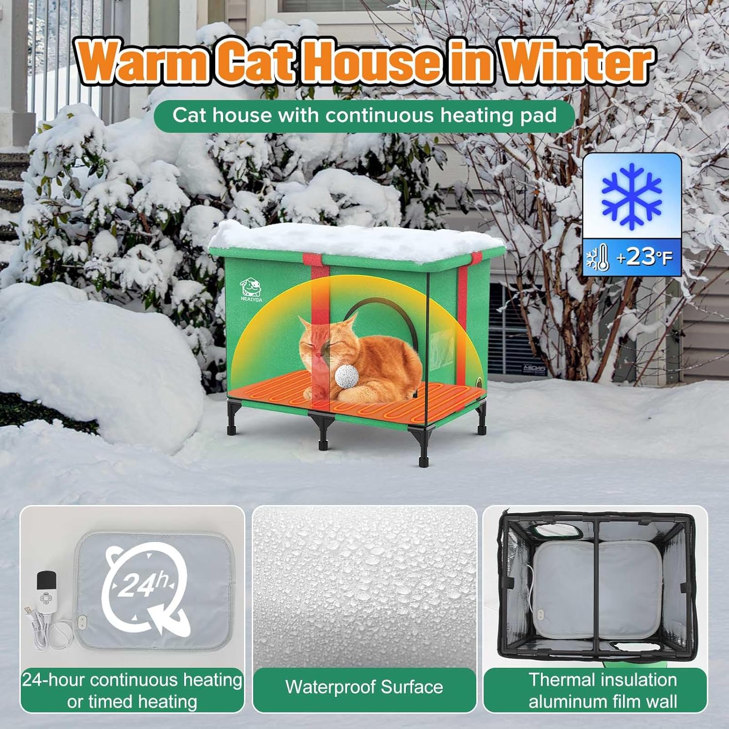 outdoor cat house,weatherproof and insulated outside cat shelter with heated pad and cooling pad(4 seasons universal),gift box for cats.(medium) green medium-(18"l x 13"w x 17"h)