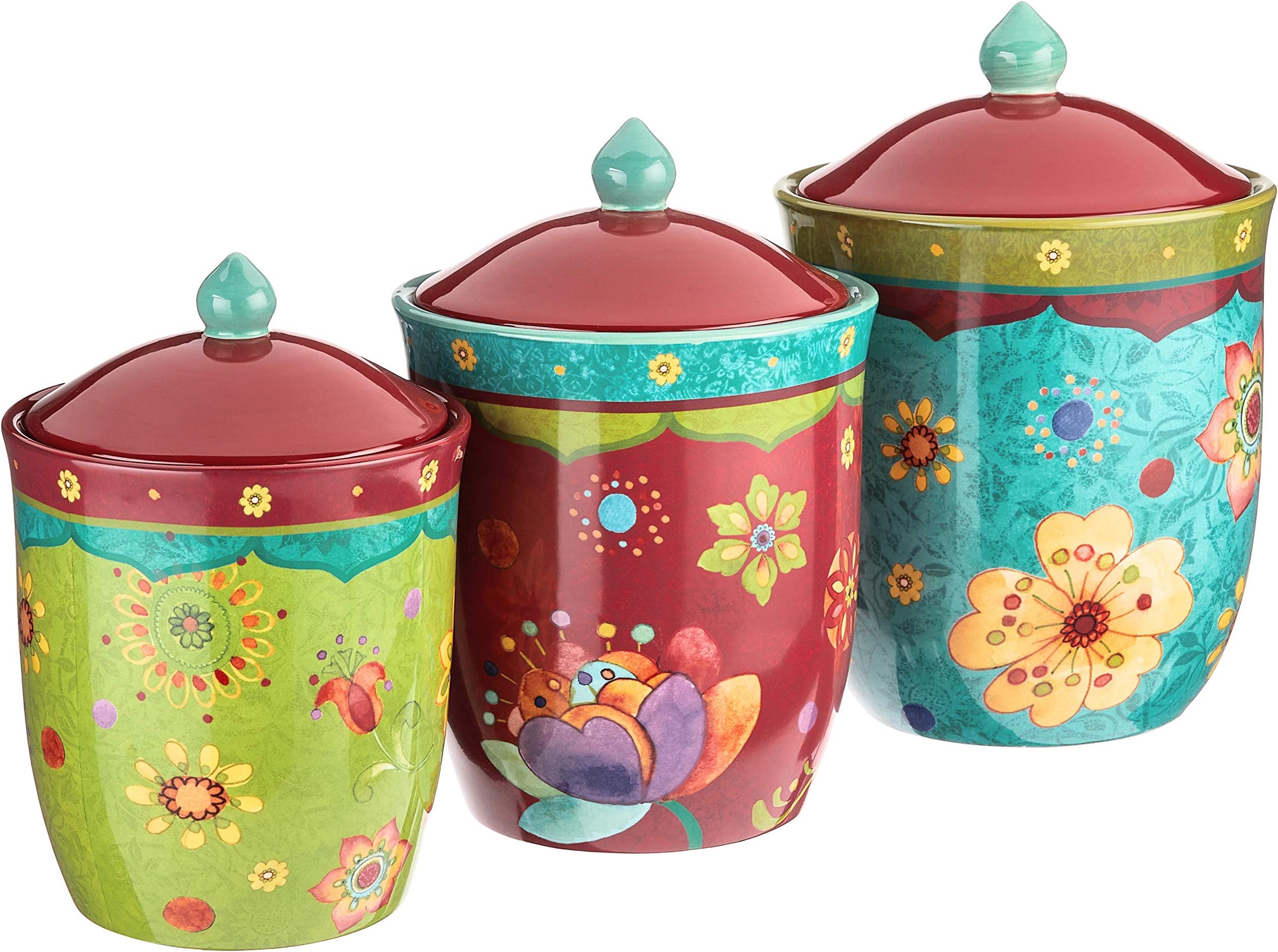 Tunisian Sunset 3-Piece Ceramic Canister Set – Colorful Floral Kitchen Storage Jars with Lids, Includes 104 oz., 72 oz., and 54 oz. Sizes for Flour, Sugar, Coffee & Dry Goods