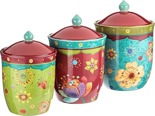 Tunisian Sunset - Juego de recipientes de cerámica de 3 piezas  Coloridos tarros florales de almacenamiento de cocina con tapas, incluye 104 onzas,