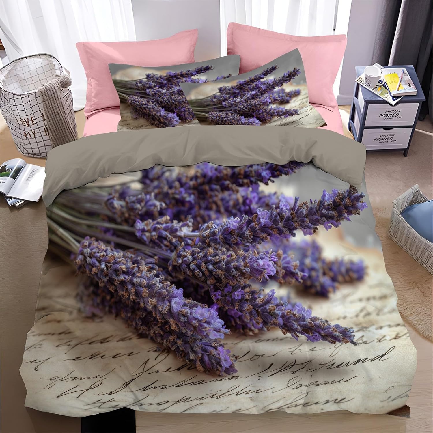 3D Duvet Cover California King Size for Kids Teen Purple Flower Plant Lavender Bunch Pattern Bohemian Style Bedding Sets,3D Print Comforter Cover Teen Boys Girls Bedroom Decor Bed Cover