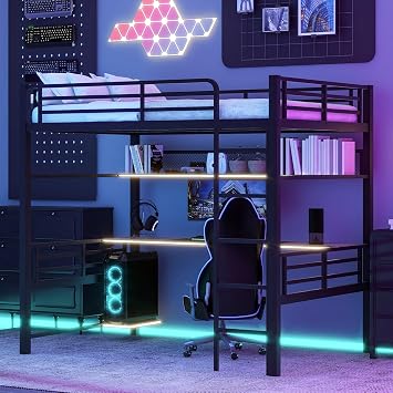 Harper & Bright Designs Full Size Metal Loft Bunk Bed Frame with Desk, Storage Shelf and LED Lights, Heavy-Duty Steel Full Loft Bedframe for Adults Kids Teens, Black