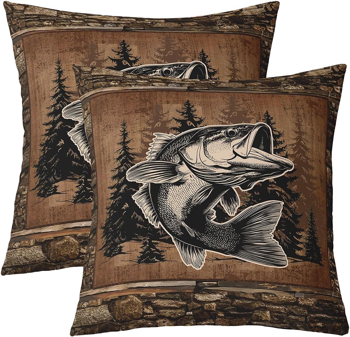 Feelyou Fish Throw Pillow Covers 24"x24" Set of 2 Fish Hunting Decorative Throw Pillowcase Room Bass Big Fish Pillow Case Cushion Cover Farmhouse Rustic Cabin Country Brown Cushion Case