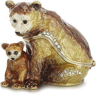 Hand Painted Enamel Mother & Child Bear Trinket Box for Home Decor, Unique Keepsake Collectible Figurine Jewelry Organizer Storage, Personalized Handmade Statue Decorative Ornament Gifts (Brown Bears)