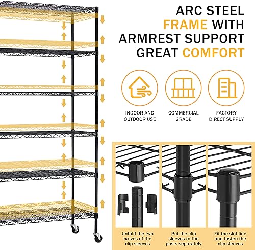 Miniatura 10 de Estantería de alambre de 6 estantes, estantes de garaje, altura ajustable, resistente, organizador de acero rodante, unidades de almacenamiento de