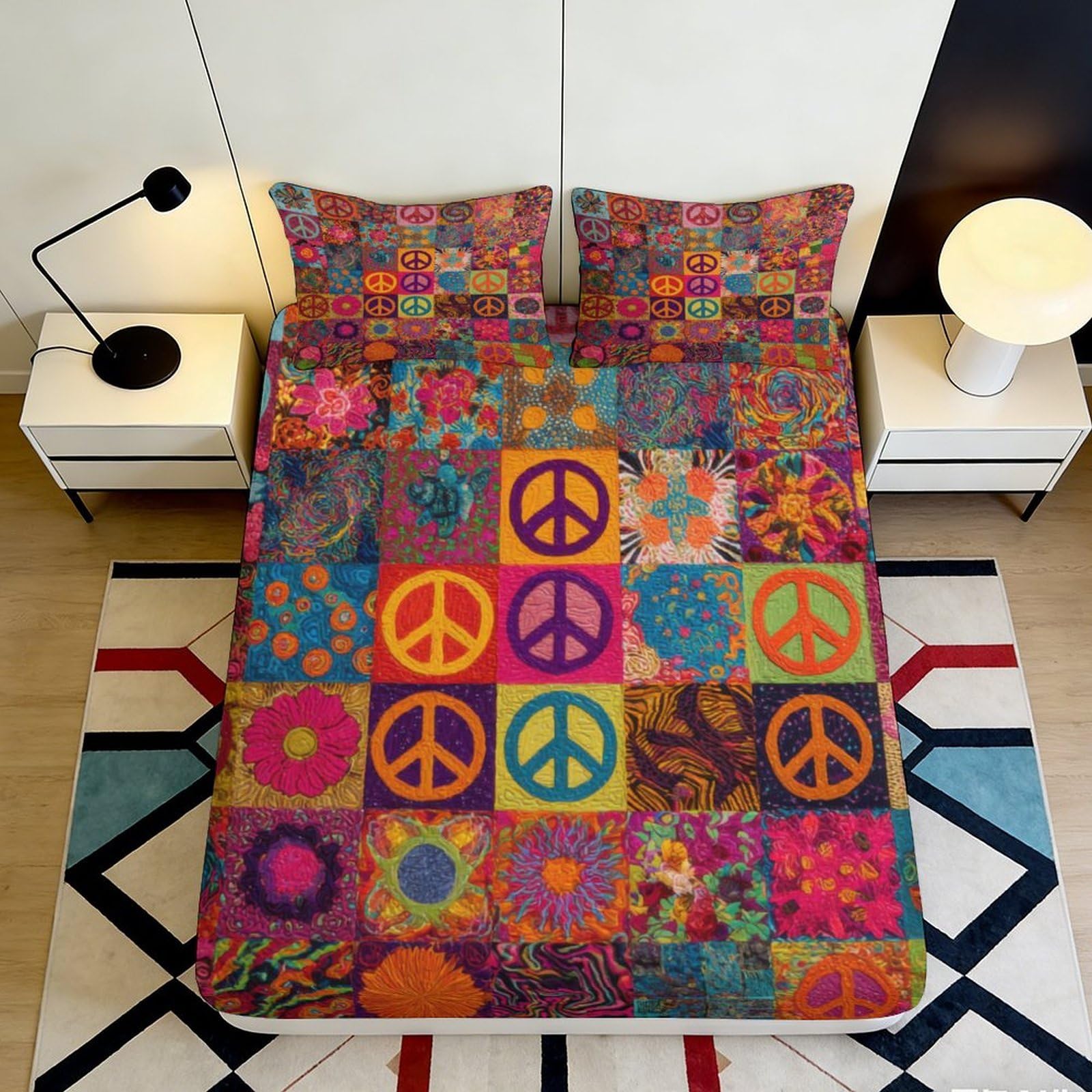 3D Printed Hippie Patchwork Fitted Sheet Microfiber Soft Peace Symbol Mattress Cover for Bedroom Guest Room Decor 90x200x25cm