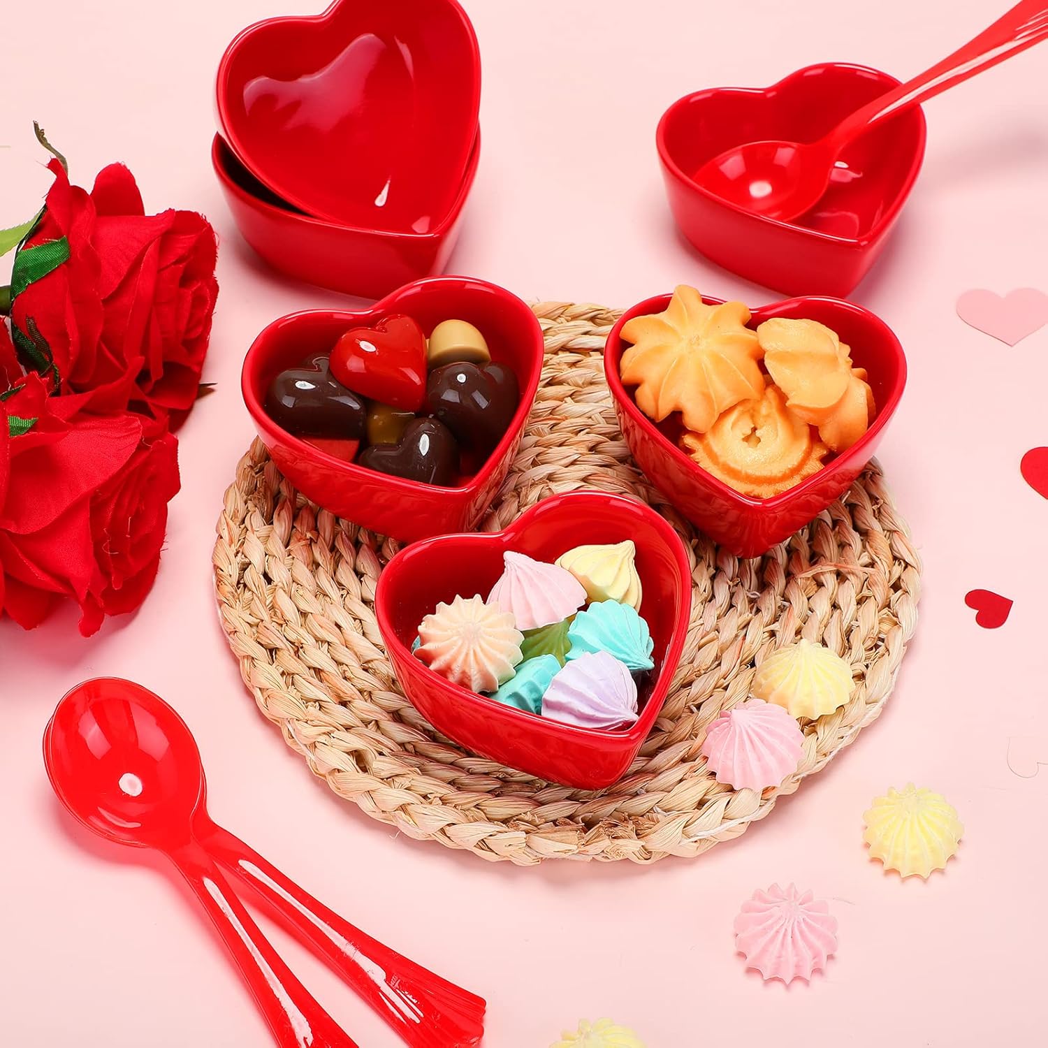 Suclain 12 Pcs Valentine‘s Day Heart Shaped Ceramic Bowls Mini Heart Sauce Dish Bowl Pudding Bowl Microwave Oven Safe Cake Bowls with 20 Plastic Spoon for Valentine‘s Day Party Supplies(Red)