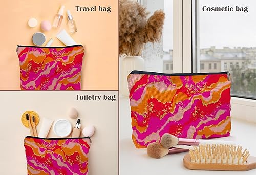 Miniatura 4 de Preppy - Bolsa de maquillaje abstracta con textura de mármol, rosa intenso y naranja, bolsa de cosméticos, bolsa de aseo con cremallera, regalos de