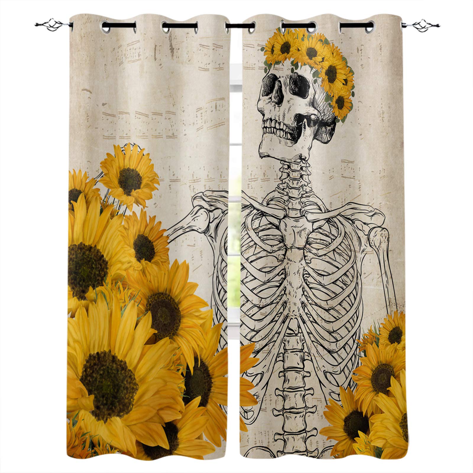 Blackout Window Curtain 2 Panels,Funny Skull Skeleton Sunflower Grommet Thermal Insulated Room Darkening Curtains,Privacy Protect Drapes for Bedroom Living Room Kitchen,42x63inch,Vintage Sheet Music