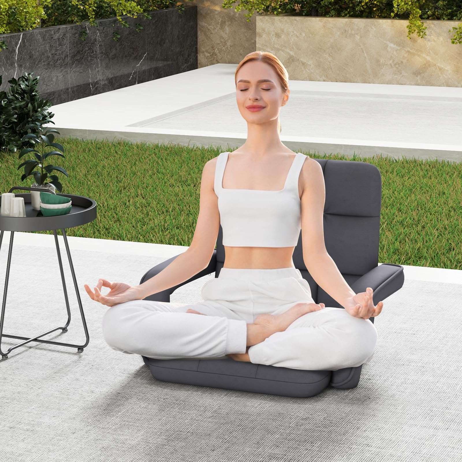 GOPLUS Bodenstuhl, gepolstertes Bodensofa mit Armlehnen & 6-Fach Verstellbarer Rückenlehne, Bodensessel mit Metallrahmen, Meditationsstuhl Lesesessel Loungesessel für Wohnzimmer, Grau