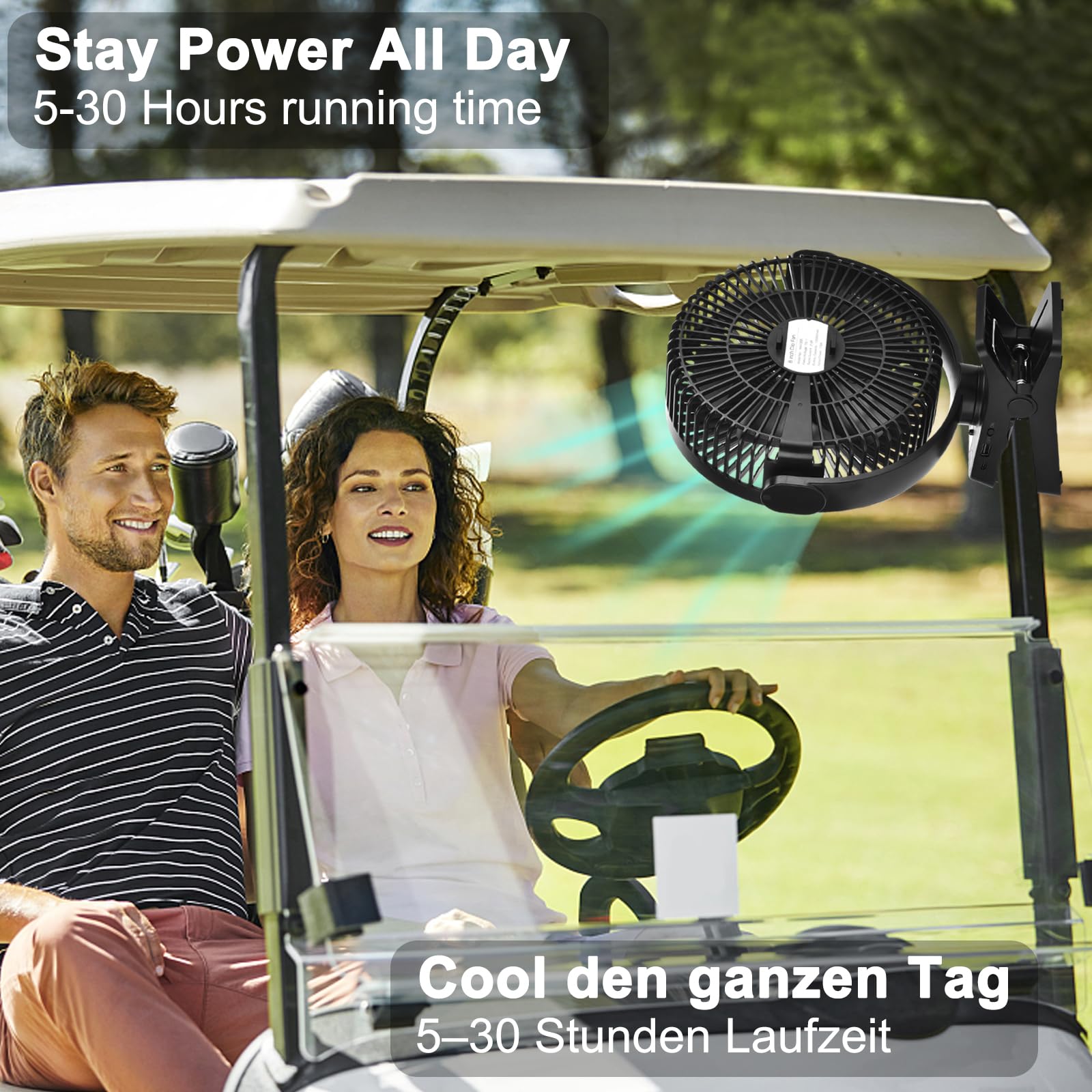 GOBRILLFUN Ventilatore a clip da 12000 mAh con telecomando, ricaricabile tramite USB con luci LED, ventilatore a batteria con 5 velocità per ufficio, viaggi all'aperto, campeggio, tenda (8,3 pollici)