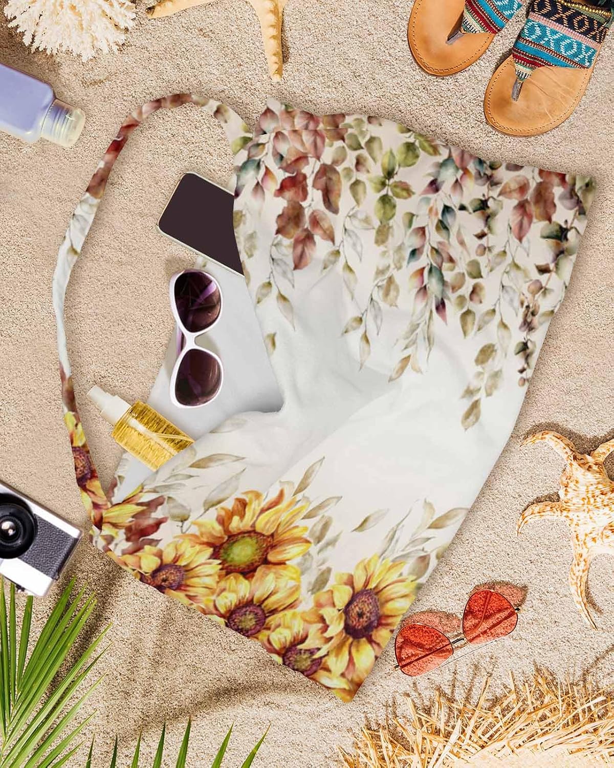 Farmhouse Eucalyptus Sunflower Beach Pool Patio Lounge Chaise Chair Cover Towel With Pockets,Absorbent & Quick Dry Microfiber Towel Cover Bag Summer Sunbathing Accessories Retro Fall Leaves Watercolor