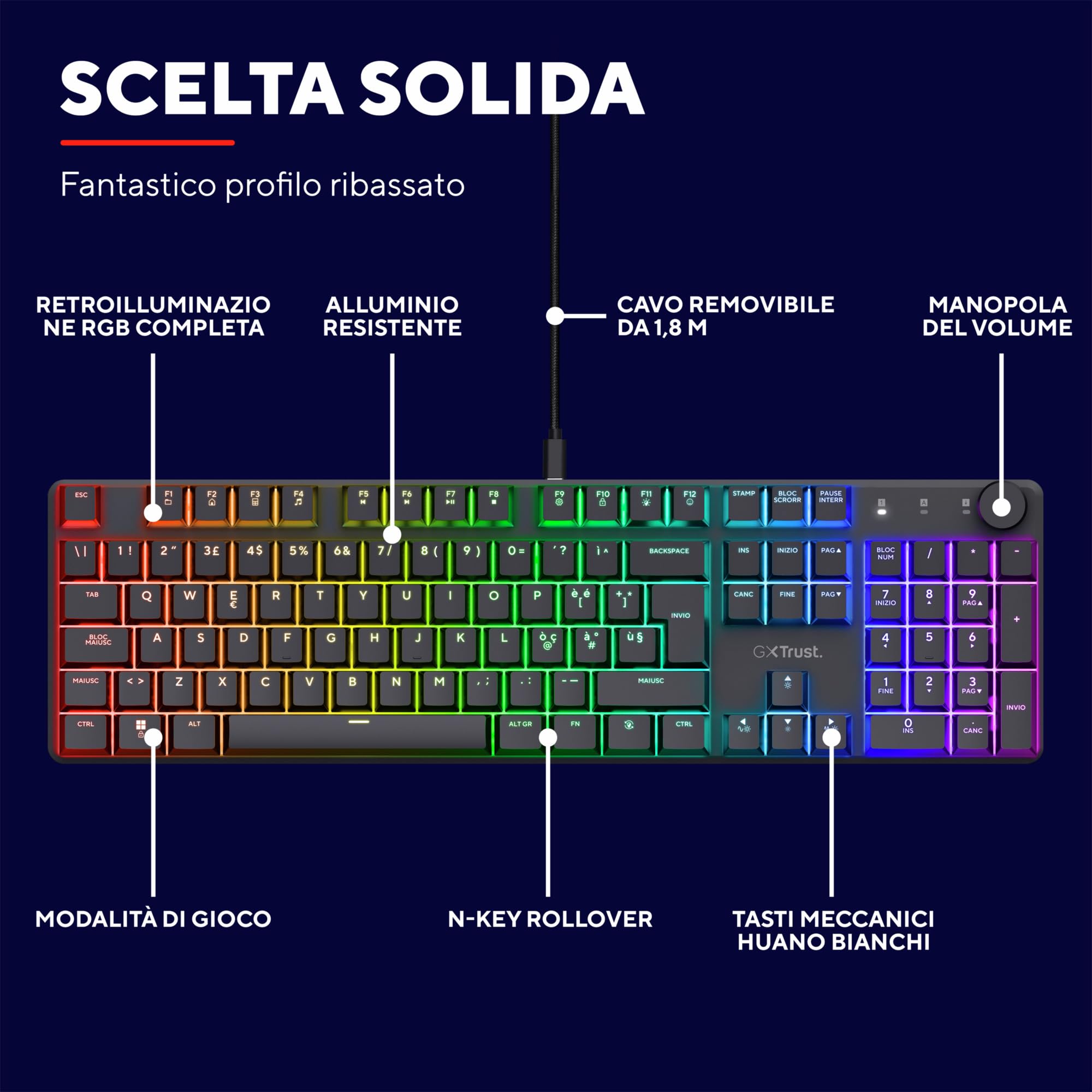 GXTrust 866 Torix Tastiera Meccanica Layout Italiano QWERTY, Interruttori Huano Lineari, Illuminazione RGB, Anti-Ghosting N-Key Rollover USB Tastiera Gaming Programmabile PC Laptop - Nero