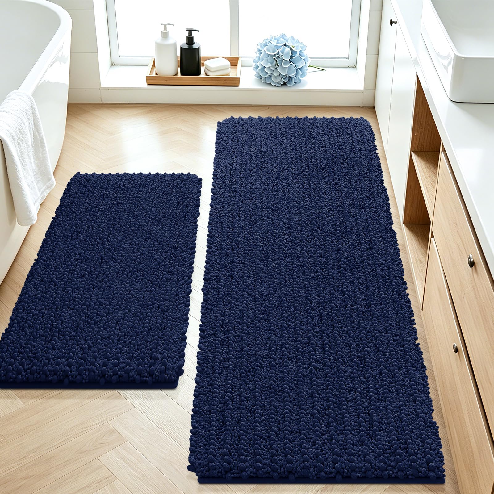 ACCUMTEK Upgrade Luxury 2 Piece Navy Blue Toilet Bathroom Rug Mat 48"x20"+24"x17", Ultra Soft Thick Absorbent Bath Mats, Non Slip Chenille Toilet Mat for Bathroom, Bedroom, Kitchen, Shower, Tub