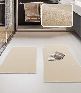 YIHOUSE Bathroom Rug Sets 2 Piece, Ultra Thin Bath Mat Fit Under Door, Quick Dry Absorbent Bath Mat for Bathroom Non Slip Machine Washable Floor Mat Beige, 2 Piece