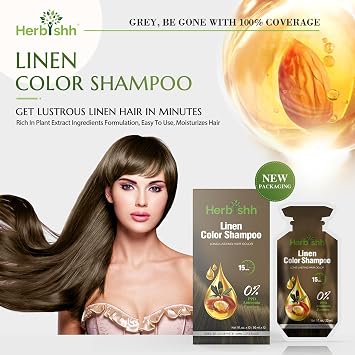Herbishh Hair Color Shampoo 10 Sachet +1 Argan Hair Mask Pouch | 3 in 1 Hair Dye | PPD Free | Easy to Use | Available in 6 Colors | Long Lasting Hair Color (Linen)
