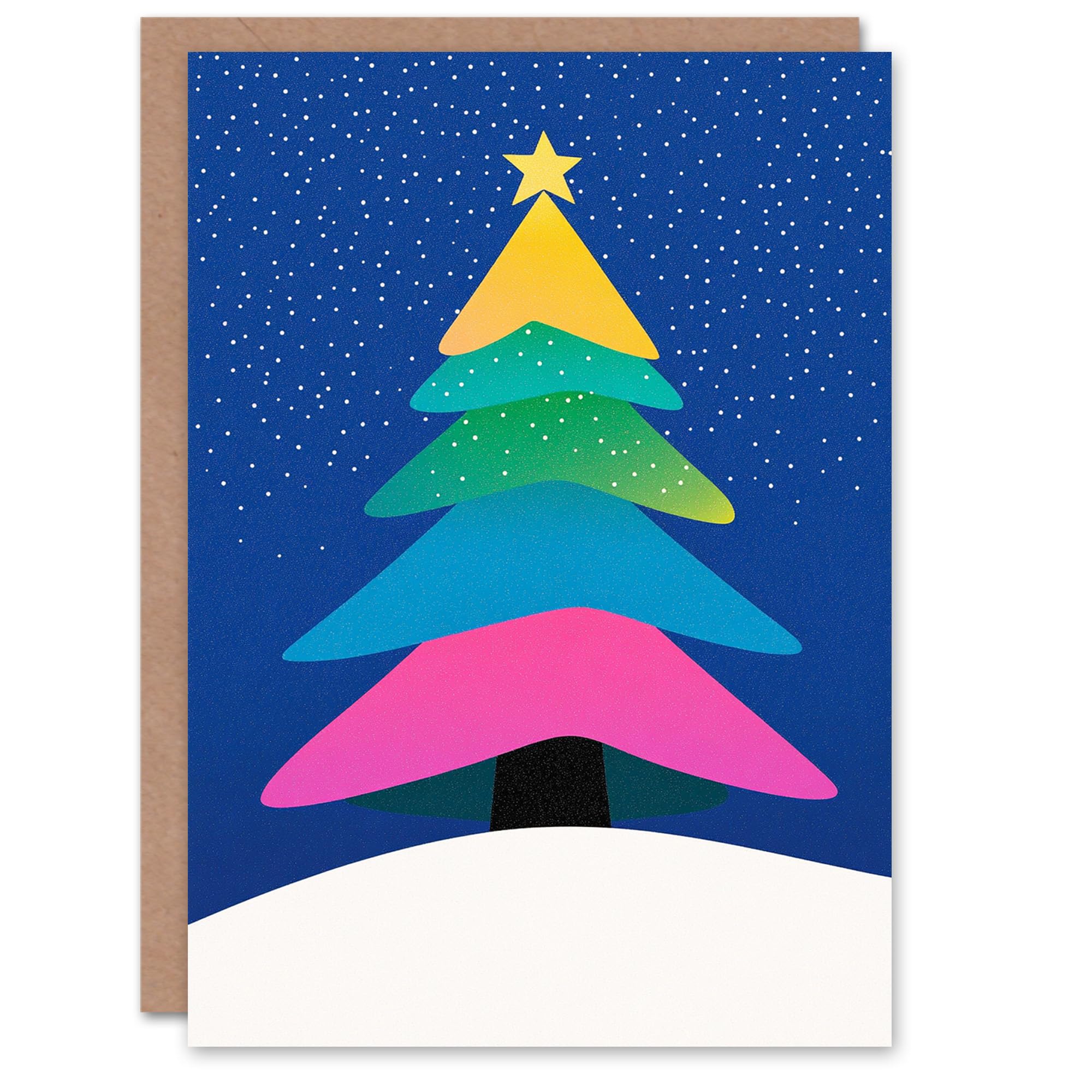 Wee Blue Coo Greeting Card Rainbow Colour Tree Winter Falling Snow Modern For Child Kids Xmas Christmas Card