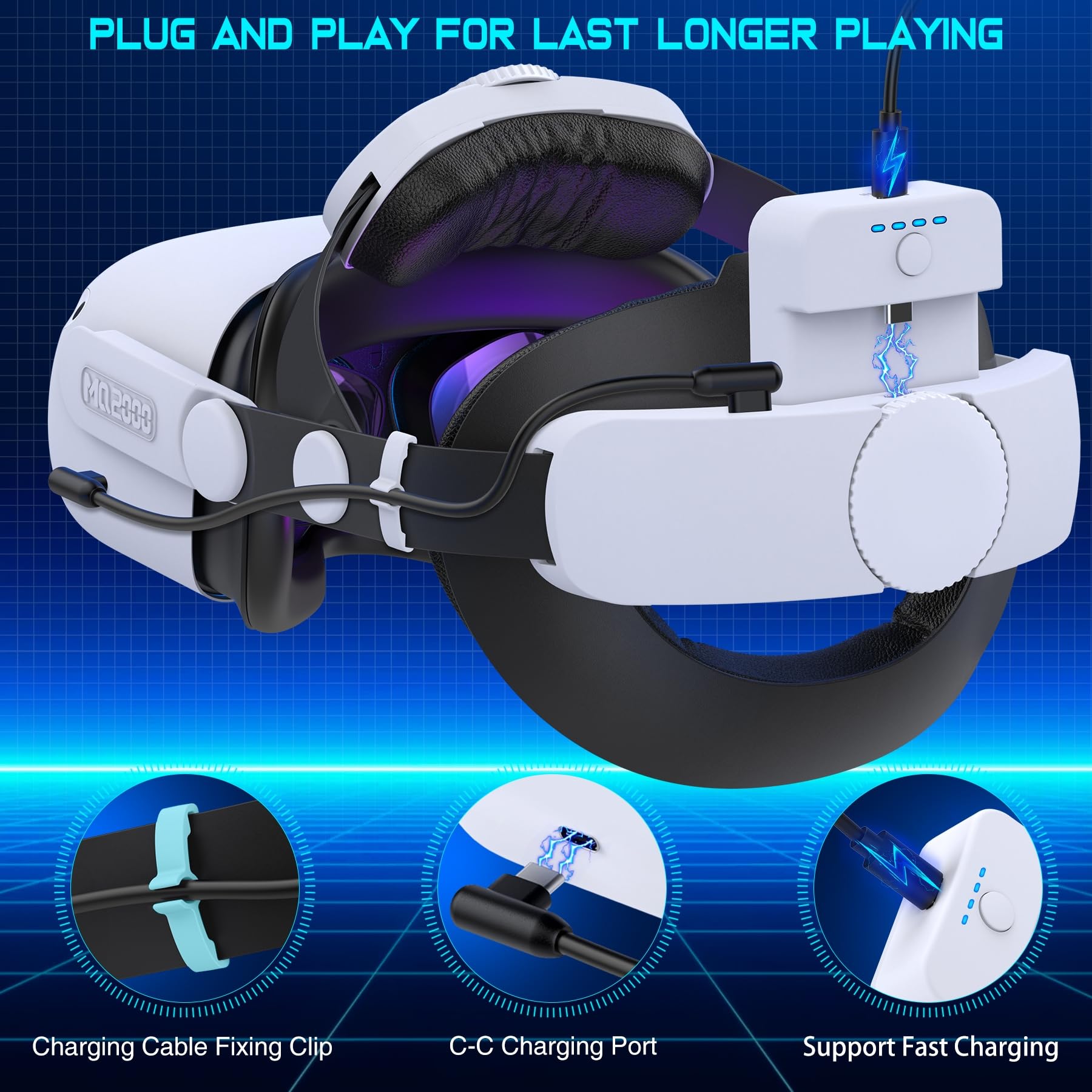 Elegamefy für Meta Quest 3/3S/Quest 2 Headstrap mit 15000mAh Akku und Ladestation - Wechselbare & Verlängerte Spielzei 8 Stunden, Verstellbares Dual-Knob