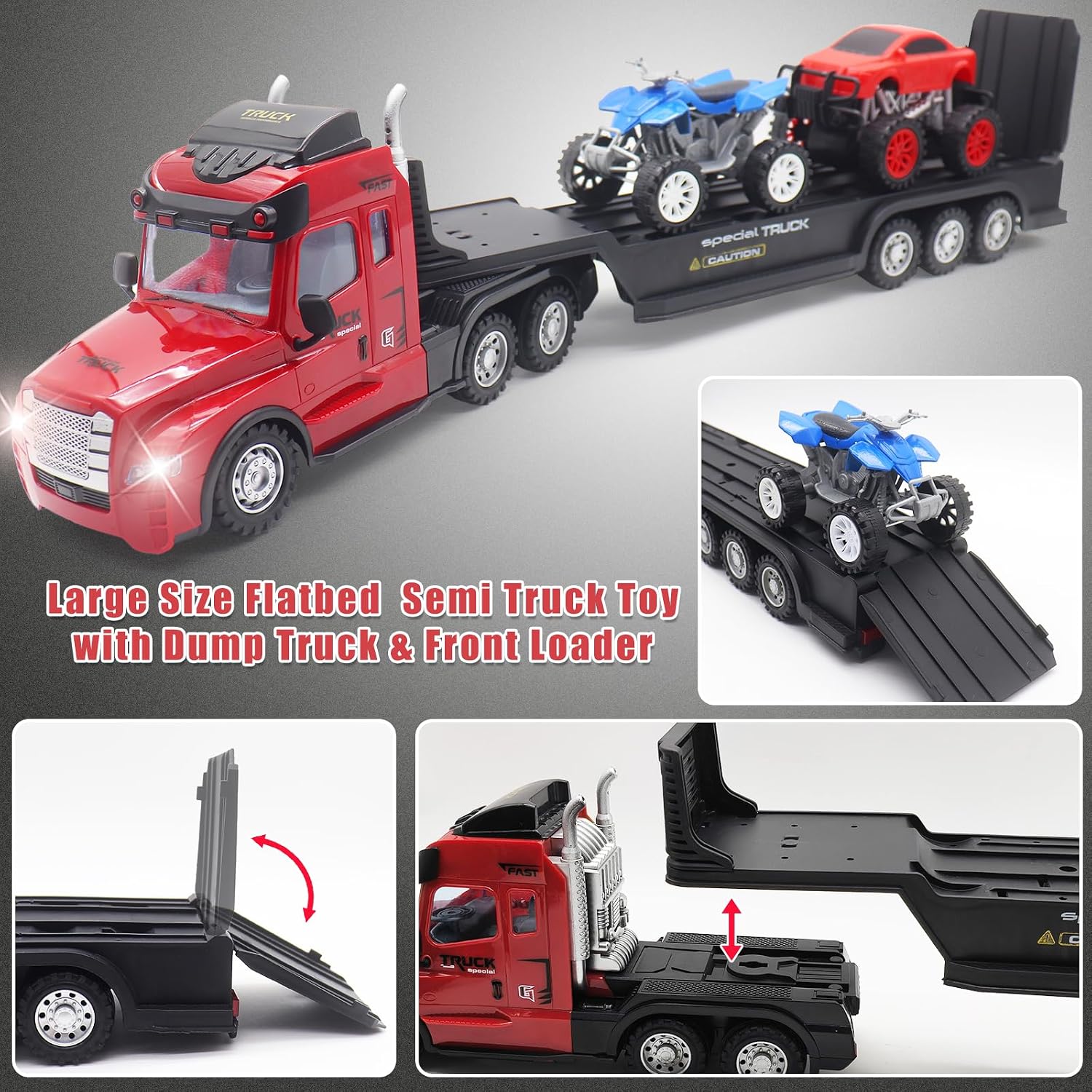 RC Semi Truck with Trailer: 2.4Ghz Remote Control Flatbed Truck with Rock Crawler & Motorcycle, 25 Inch Large RC Semi-Trailer Engineering Tractor with LED Light, Birthday Gift for Kids Boys