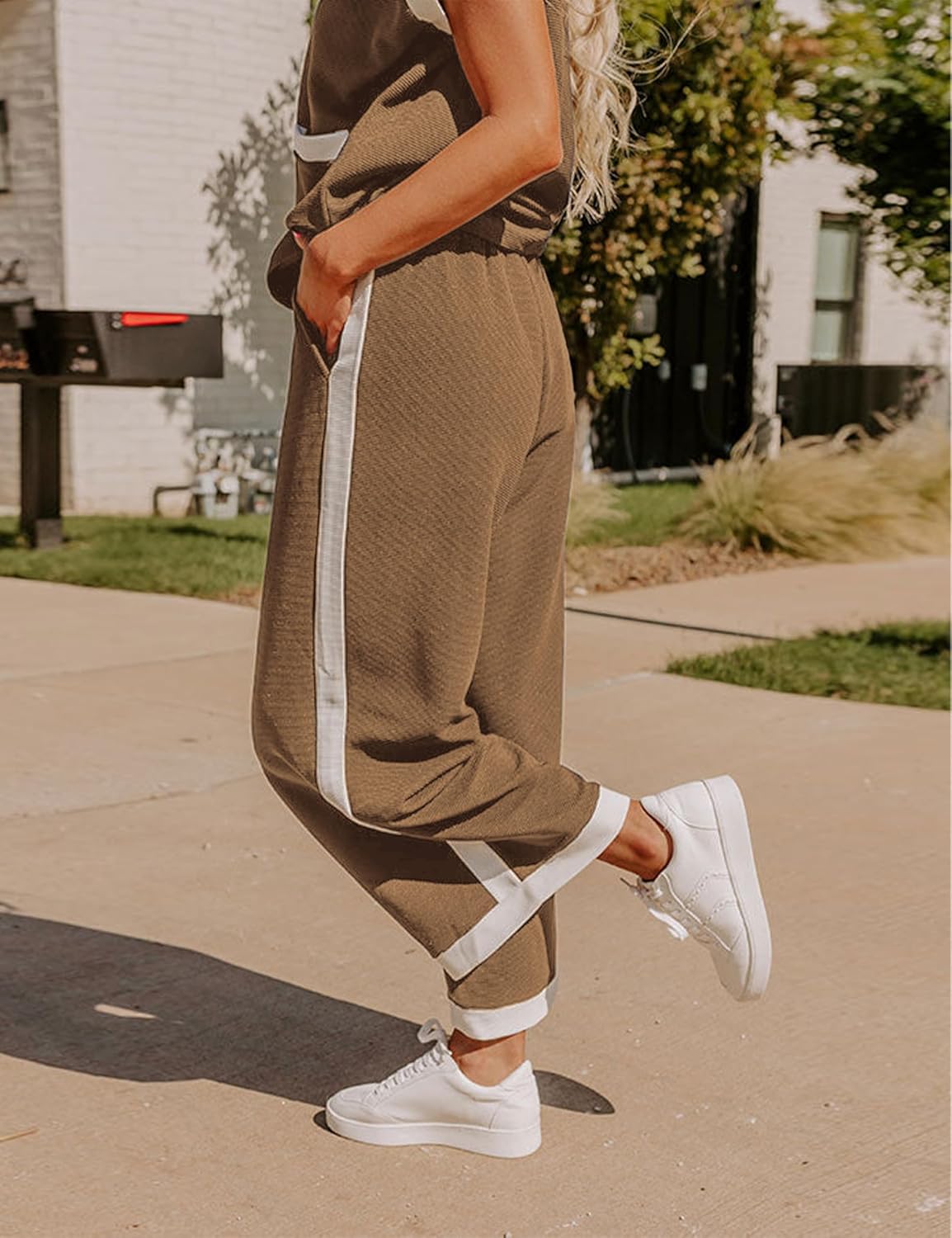 Faleave Women's 2 Piece Summer Lounge Set Outfit Short Sleeve Pullover Tops Wide Leg Long Pants Tracksuit(Brown-S) - Image 5