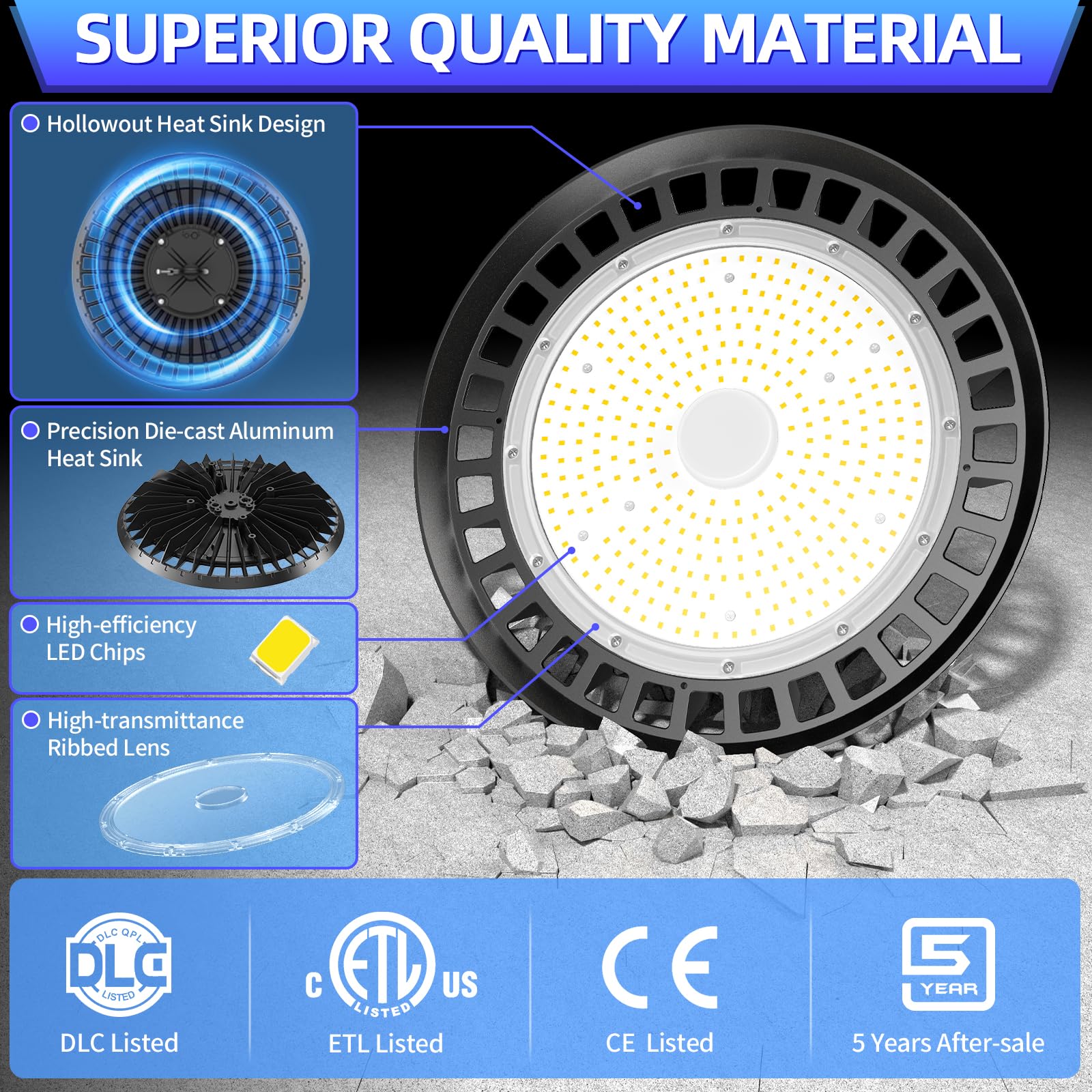 150W UFO LED High Bay Light 22500lm 5000K High Bay LED Shop Light with 5ft Cable ETL DLC — view 4