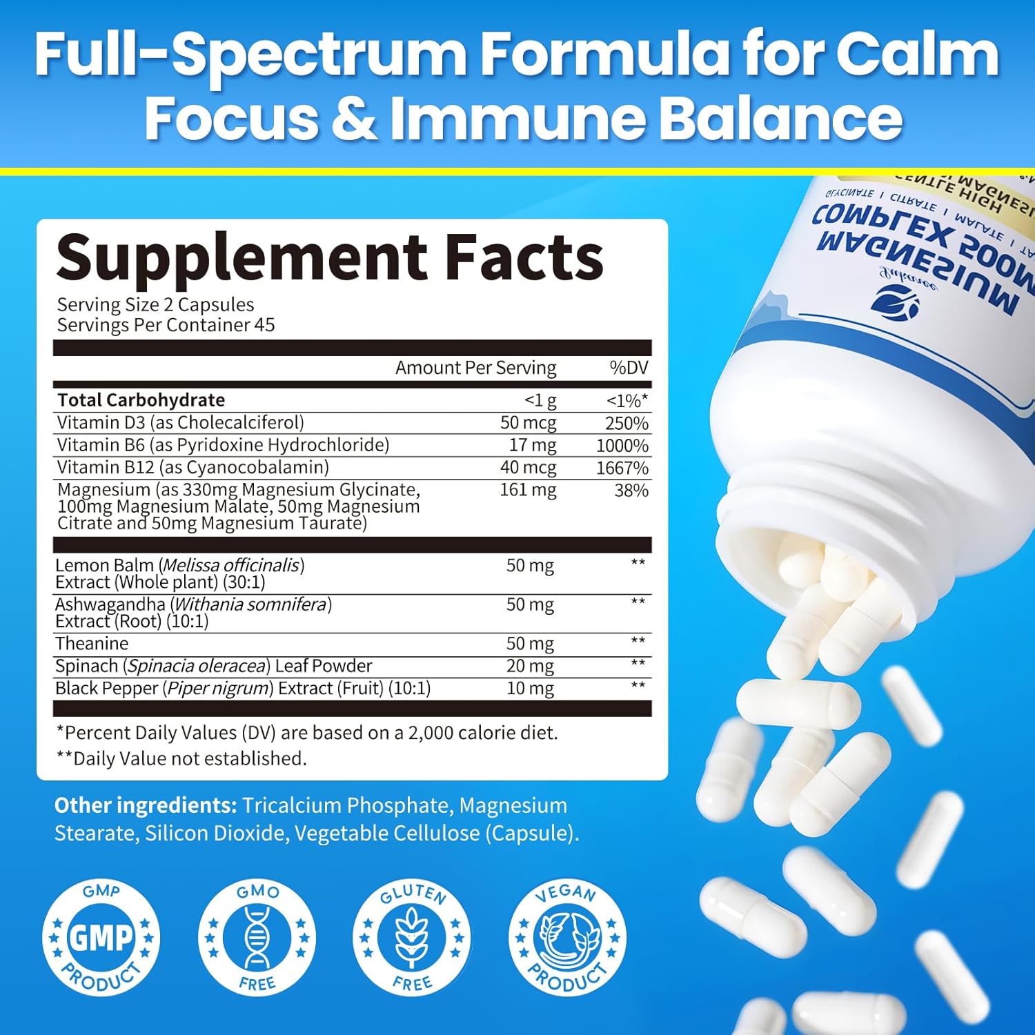 Magnesium Complex 500mg – 4-in-1 Magnesium Glycinate, Citrate, Malate, Taurate | with D3, B6, B12 & Herbal Blend | Vegan, Non-GMO Capsules Supplement for Relaxation, Sleep & Focus, 90 Capsules - Image 8