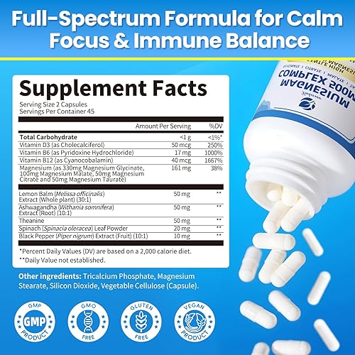 Miniatura 8 de Complejo de magnesio 500 mg  Glicinato de magnesio, citrato, malato, taurato 4 en 1, con D3, B6, B12 y mezcla de hierbas, veganas, cápsulas sin OMG