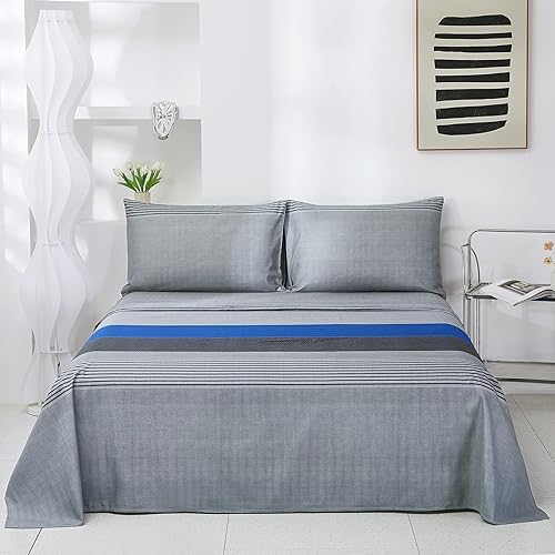 Miniatura 7 de 8HMOON Juego de sábanas a rayas de microfibra suave sin arrugas, 1 sábana bajera, 1 sábana encimera y 2 fundas de almohada, juego de ropa de cama de