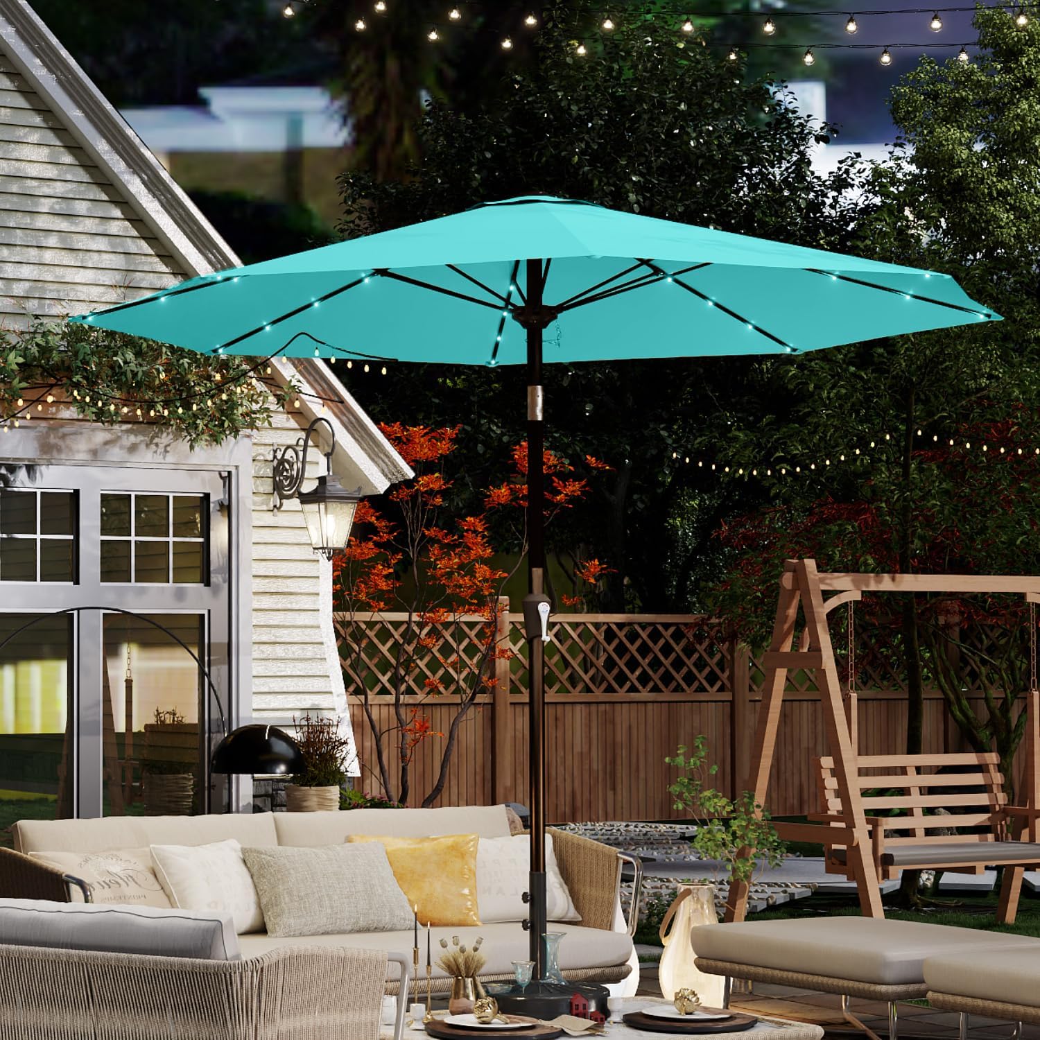 10FT Solar Umbrella 32 LED Lighted Patio Umbrella Table Market Umbrella w/Tilt and Crank, UV-Resistant Outdoor Umbrella for Pool, Garden, Deck, Aqua Blue - Image 2