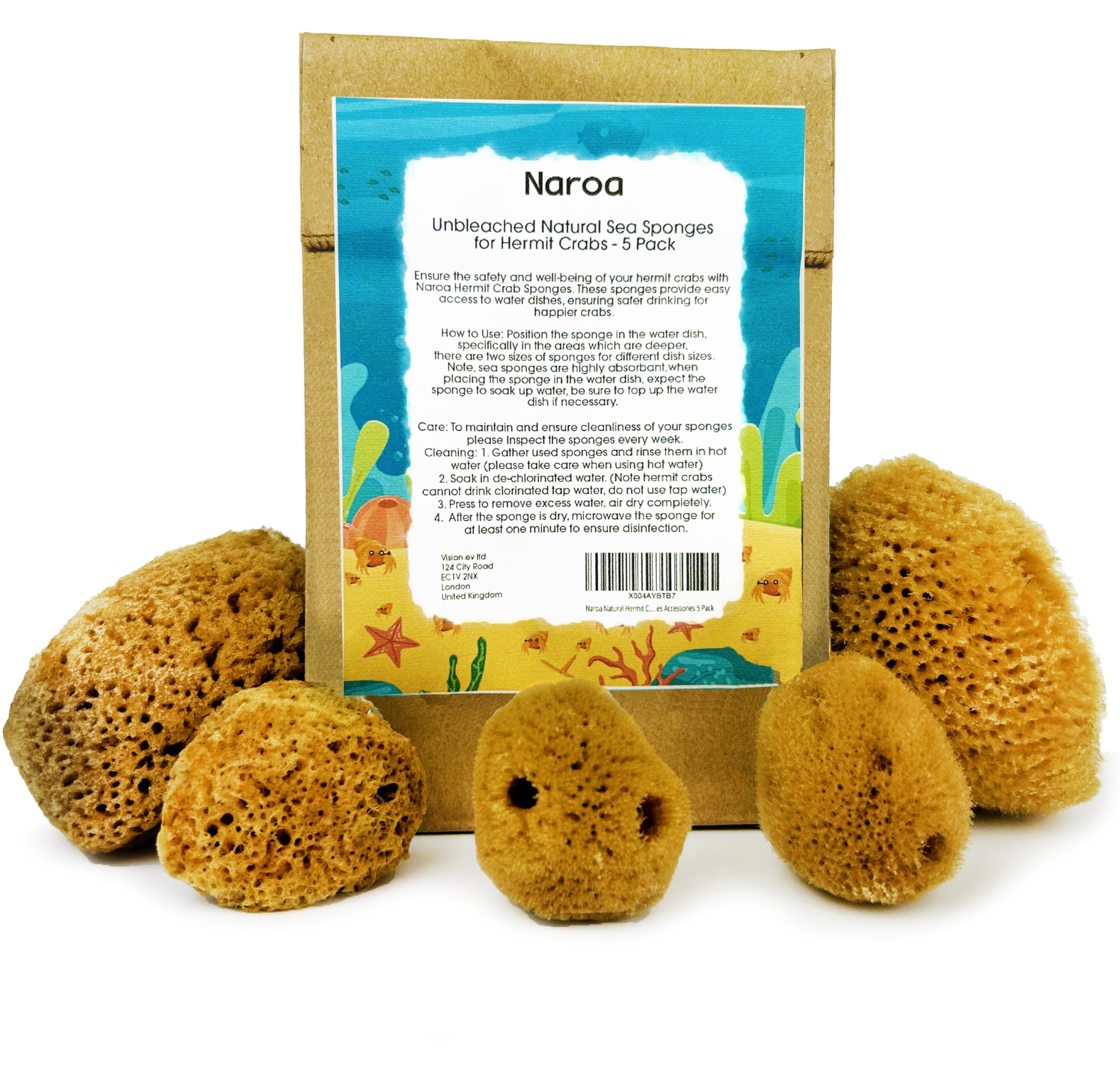 Naroa Natural Hermit Crab Sponges - Pack of 5 | Unbleached Sea Sponge for Water Drinking Safety | Aquarium Decor Balance Tank Humidity | Crab Supplies Accessories