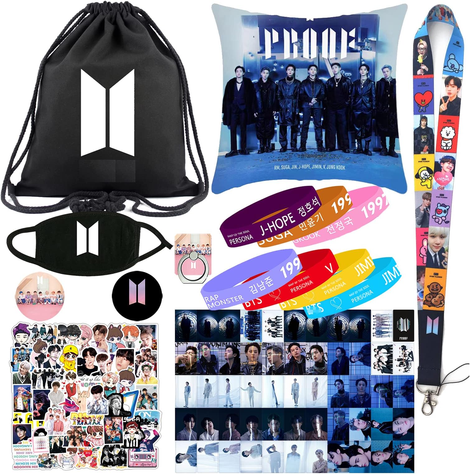 BTS Fan Item BTS Merch Gifts Set Includes Backpack Pillow Case Photocards Bracelets Face Mask Lanyard Stickers Button Pin Phone Stand Kpop Merch