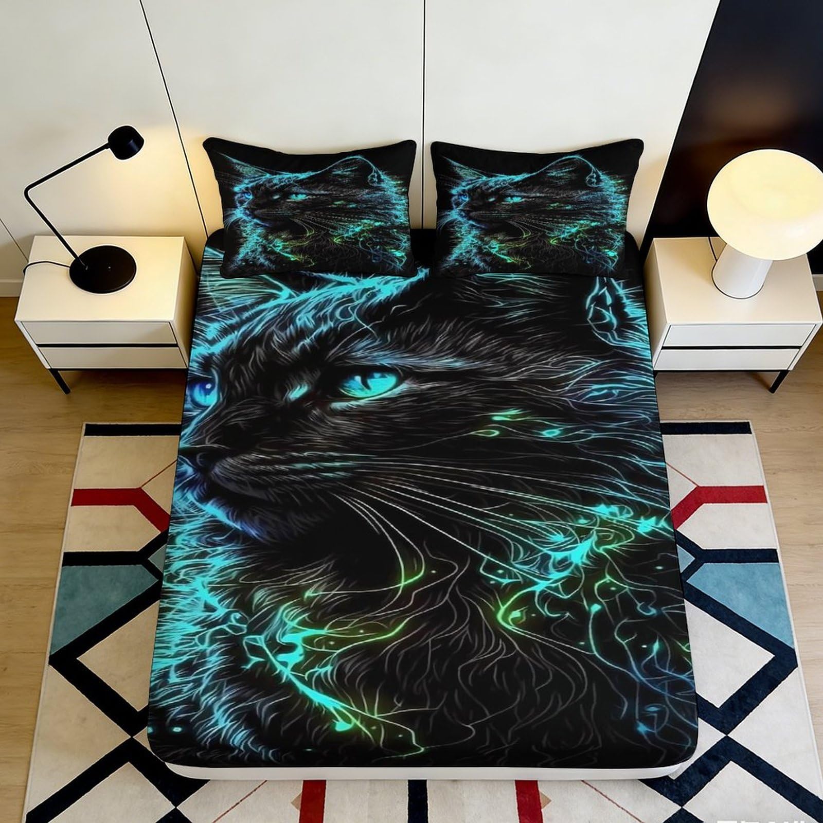 3D Printed Neon Black Cat Fitted Sheet Microfiber Soft Breathable Glowing Animal Bed Cover for Bedroom Dormitory Guest Room Mattress Protection 180x200x25cm