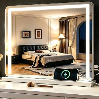 Schminkspiegel mit Beleuchtung,Hollywood Spiegel mit LED Licht Dimmbar Kosmetikspiegel 3 Modi,50 x 40 cm Vanity Spiegel Tischspiegel mit USB 10X Vergrößerung für Schlafzimmer Schminktisch