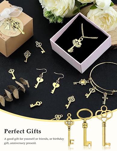 Miniatura 7 de JIALEEY Juego de 80 dijes de llaves de esqueleto vintage, estilo mixto de oro antiguo, dije de bricolaje para hacer joyas, regalos de boda y fiestas