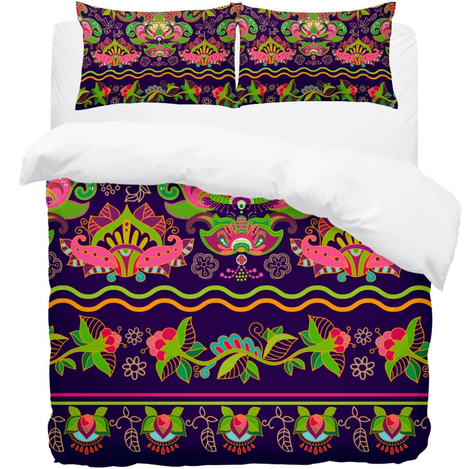 Housse de couette vintage bohème et 2 taies d'oreiller pour parure de lit double ou king size