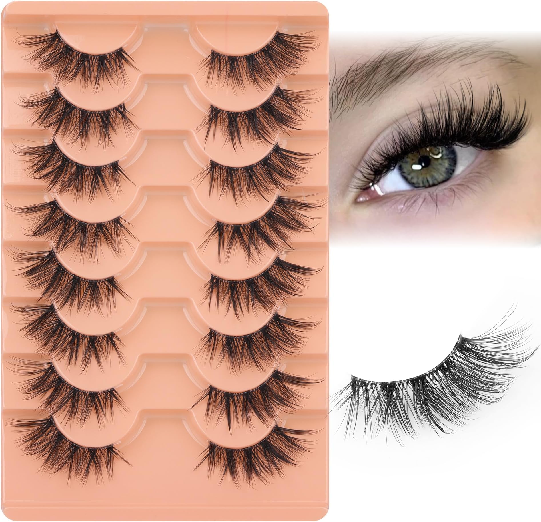 Zegaine Half Lashes Natural Look Cat Eye False Eyelashes Clear Band 3D Half Eyelashes Fluffy Lashes Strips 3/4 Corner Lashes Wispy Fake Eyelash Extension 8 Pairs Pack