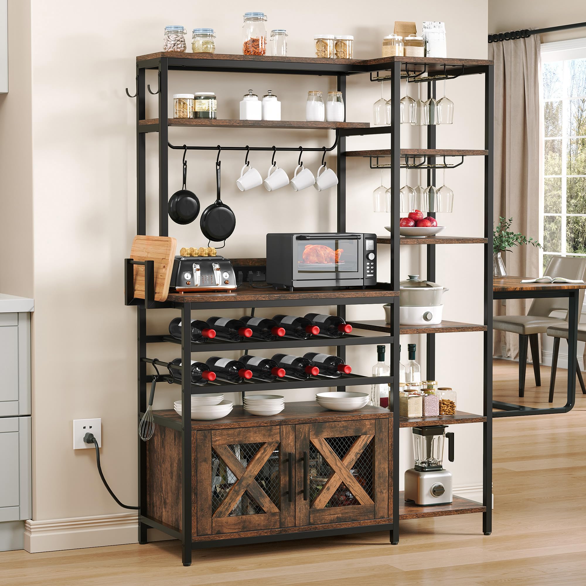 YITAHOME Large Wine Rack, Industrial Bakers Rack w/Power Outlet, 6-Tier L Shaped Liquor Bar Cabinet Unit for Home w/Glass Holder, Corner Coffee bar Cabinet for Home, Rustic Brown