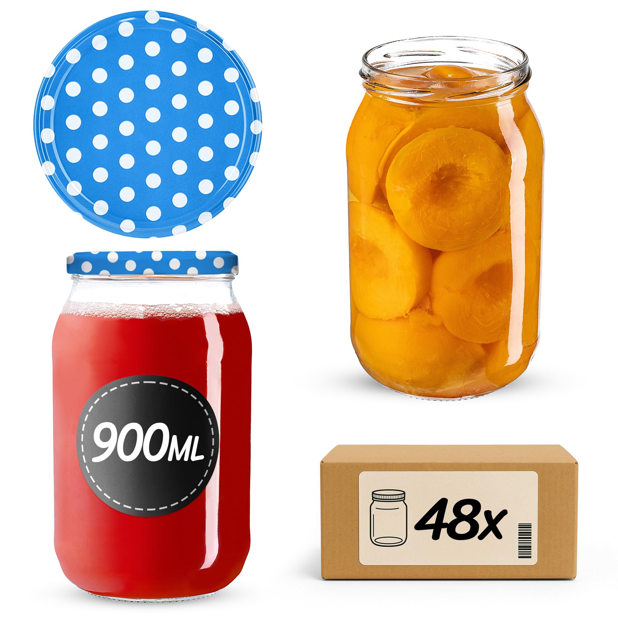 KADAX Słoiki na przetwory, 900 ml, z zakręcaną pokrywką fi82 mm, duże słoiki z pokrywką Twist Off, słoiki na przetwory, do ogórków, słoiki na przetwory, słoiki na przetwory (niebieskie kropki, 48