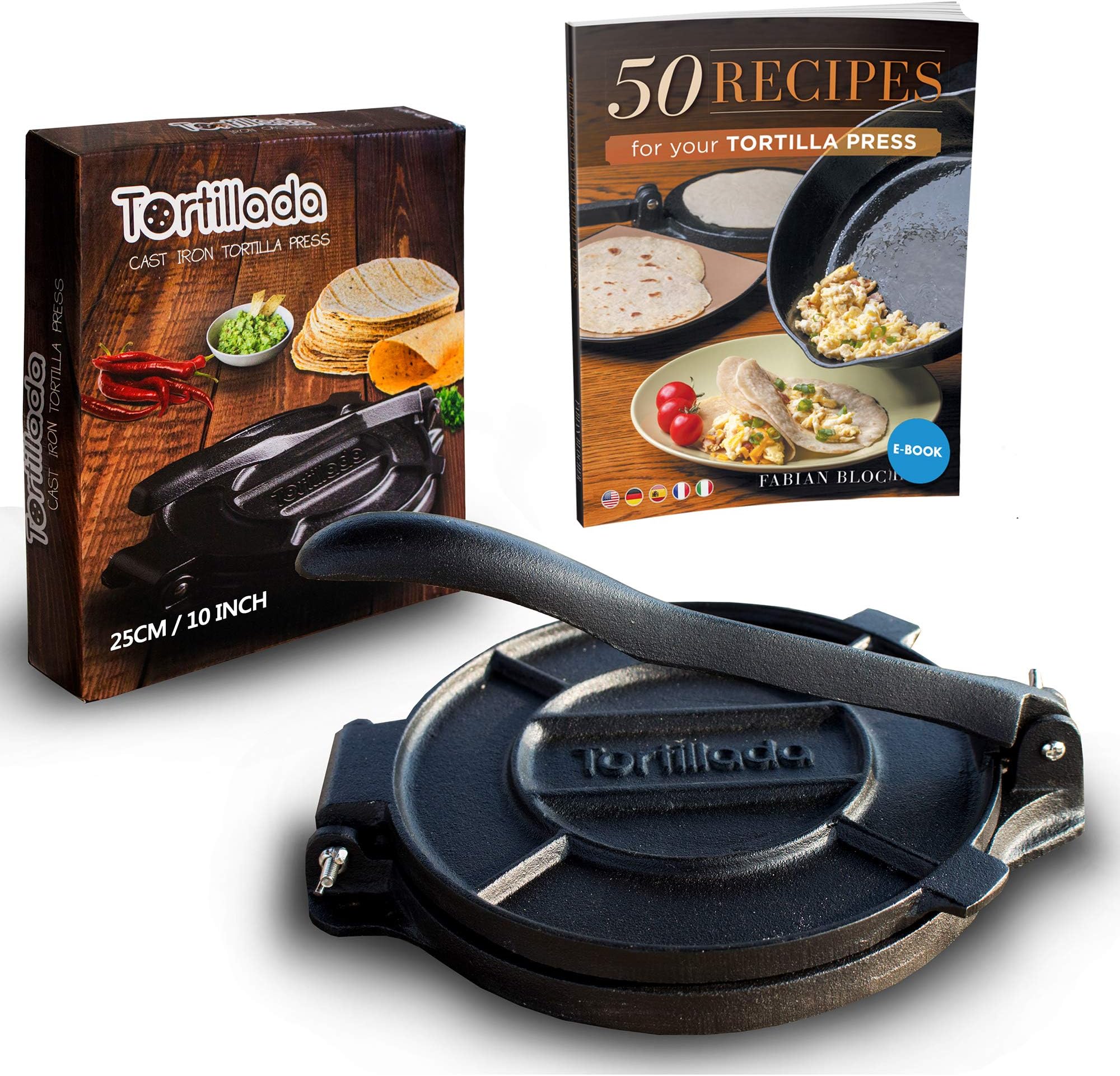 Cast Iron Tortilla Press With Recipes E-Book (25 Cm), Black
