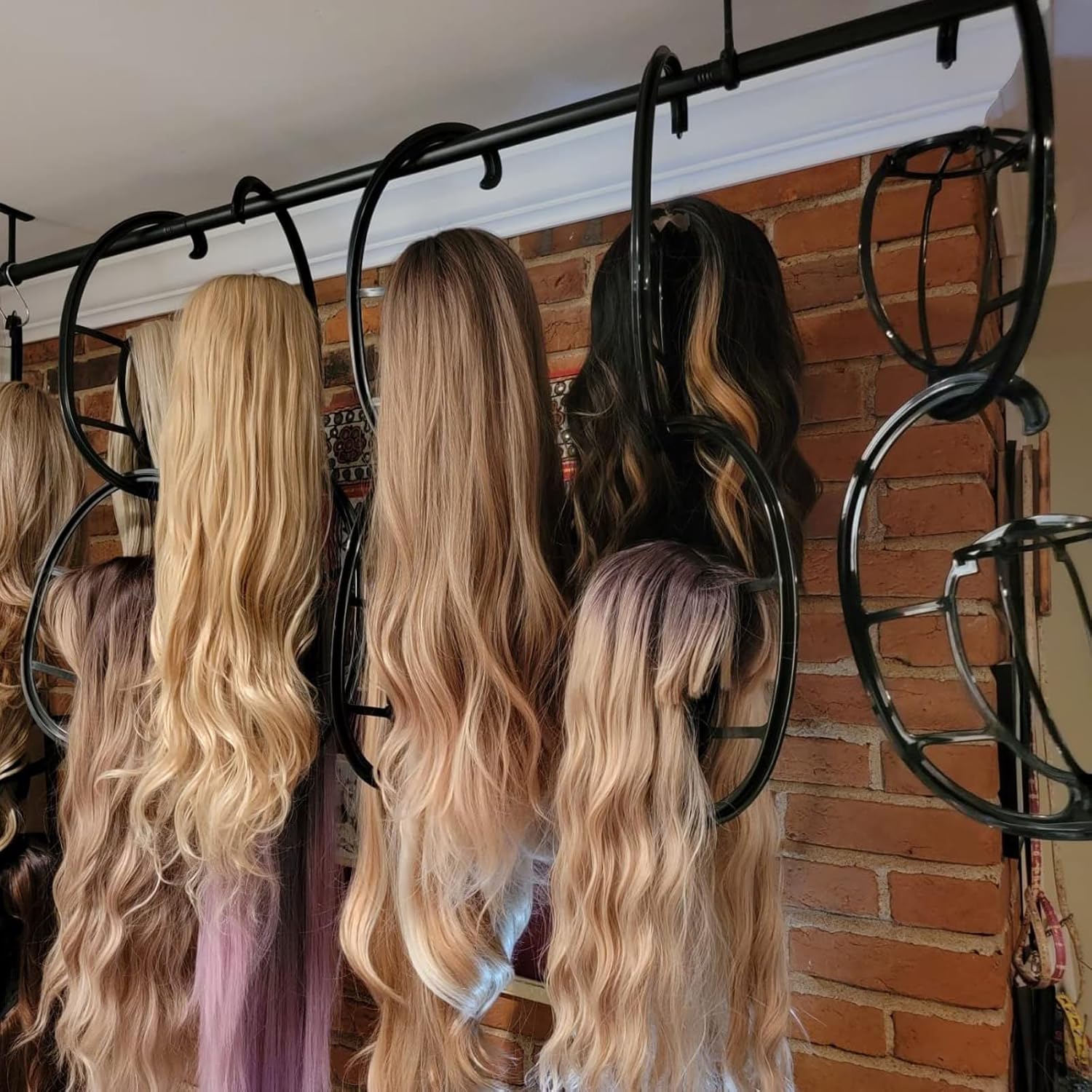 KEILEOHO 10 Pack 15 Inch Wigs Hanger, Portable Hanging Wig Holder Stand, Collapsible Wig Display Hanger, Wig Rack for Multiple Wigs and Hats, Black