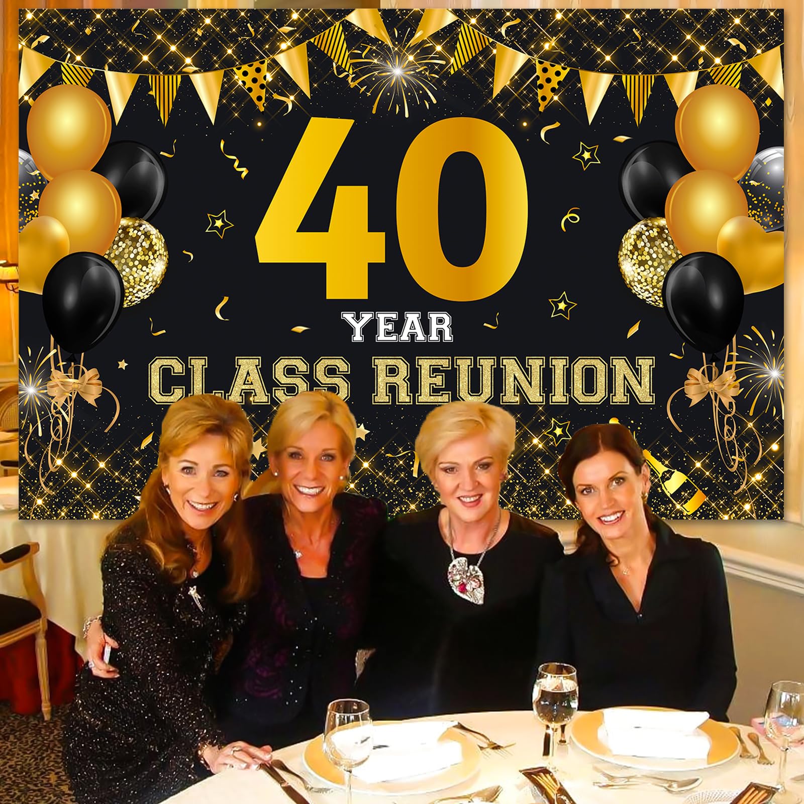 JOYMEMO 40 Year Class Reunion Backdrop - Black and Gold 40th School Class Reunion Decorations, Photography Background for Class of 1984 High School Reunion Welcome Back Party