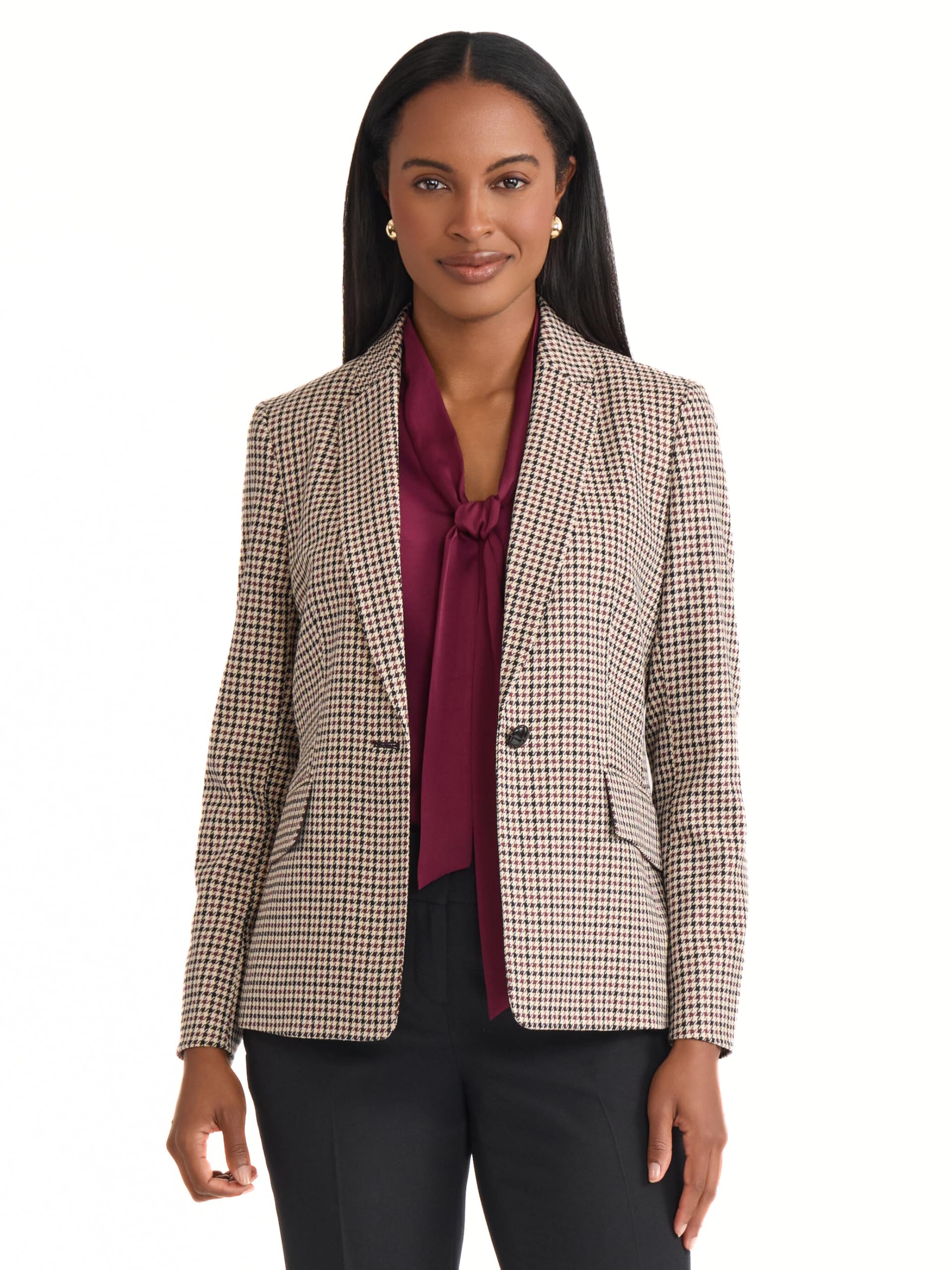 Kasper Womens Houndstooth One-Button Blazer