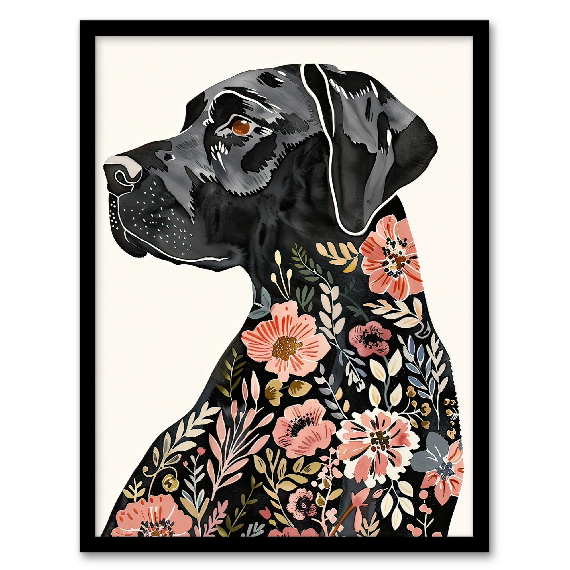 Artery8 Black Labrador Dog Lover Floral Watercolour Living Room Artwork Framed Wall Art Print A4