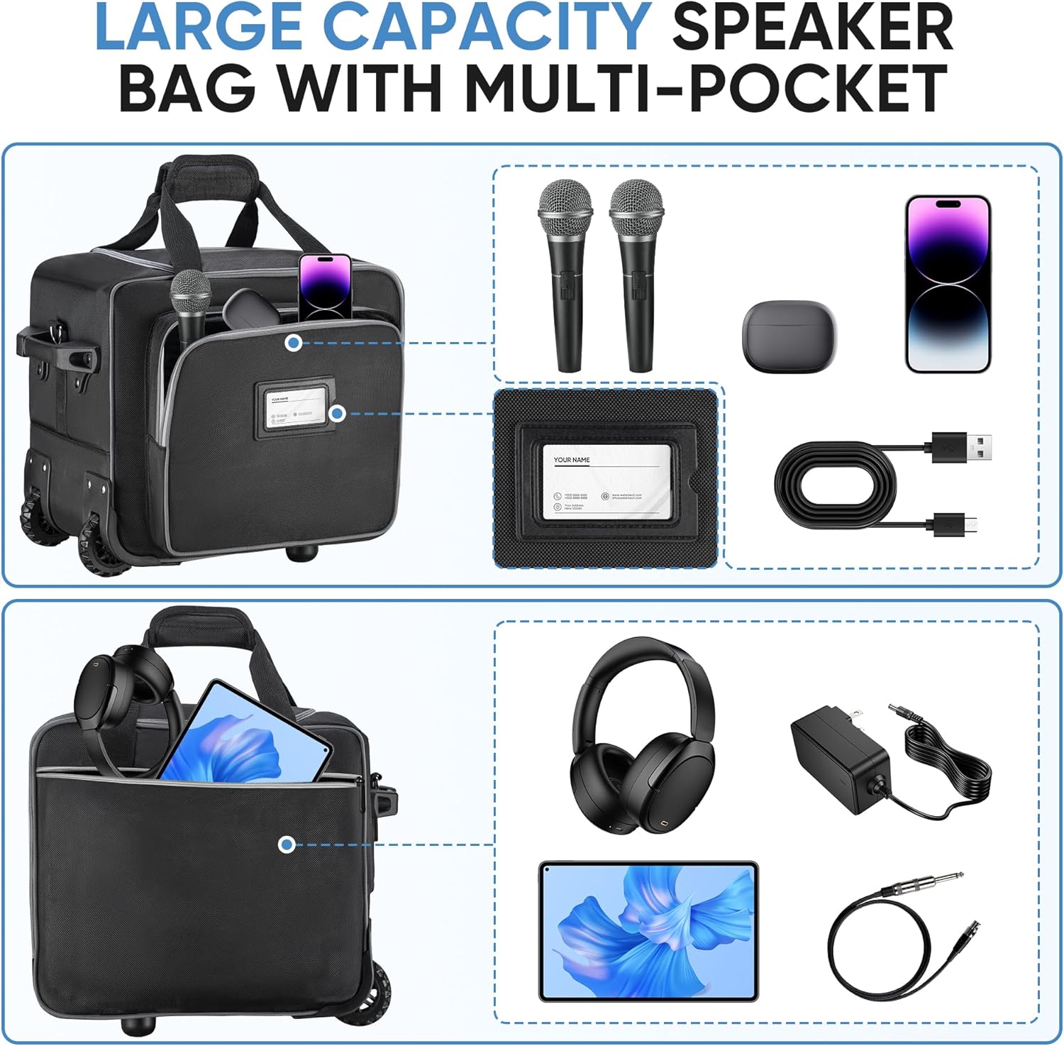 Speaker Bag with Wheels Compatible with Bose S1 Pro / S1 Pro+, Rolling Speaker Bag, Soft Protective Speaker Case Compatible with Partybox Encore Essentialand Retractable Handle, Multi-pocket