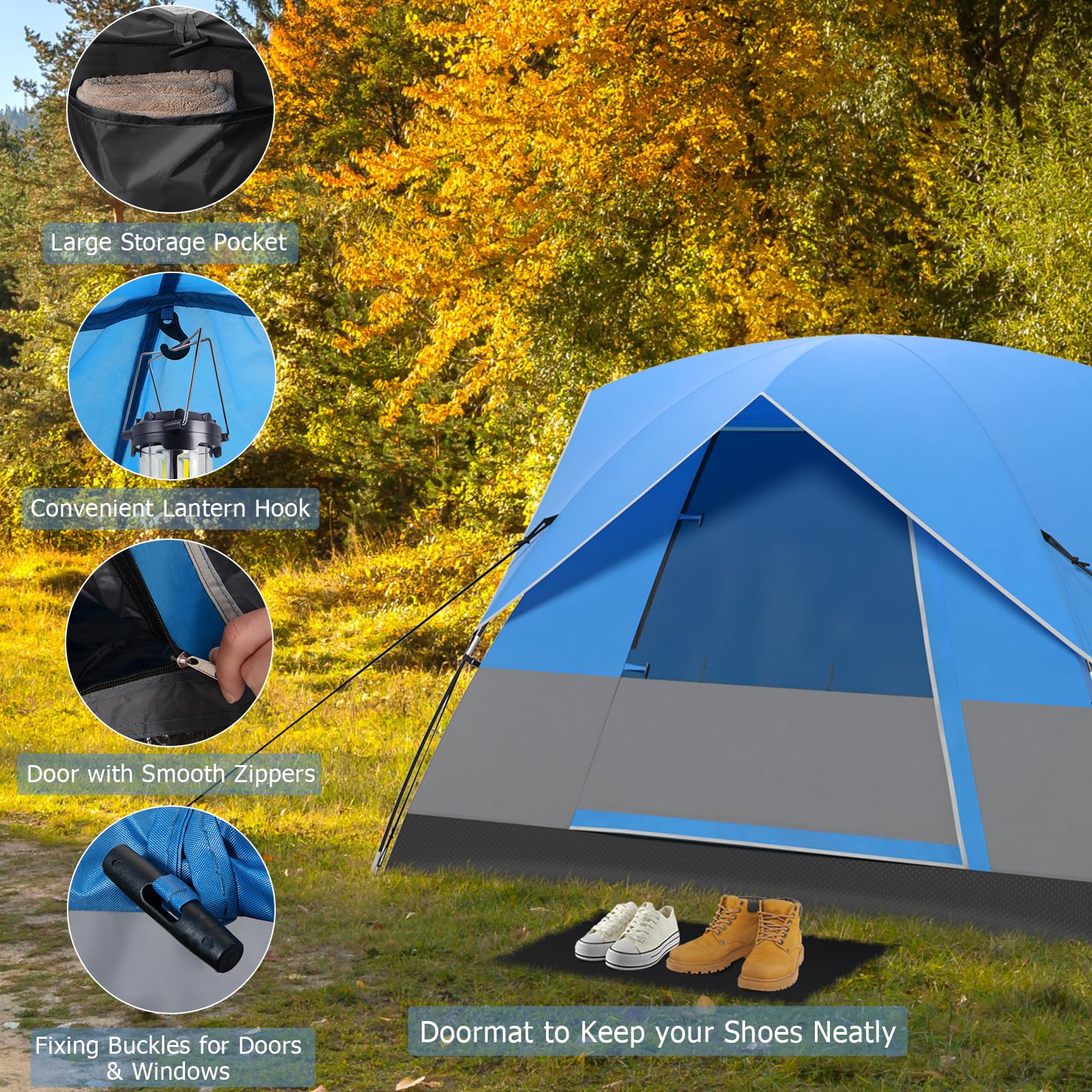 HOMASIS Tente de Camping pour 2-3 Personnes, Tente Dôme de Randonnée Imperméable avec 3 Fenêtres et Toit de Pluie, Tente Camping Légèr d'Extérieur avec 4 Cordes à Vent et 8 Piquets,200 x 146 x 130 cm