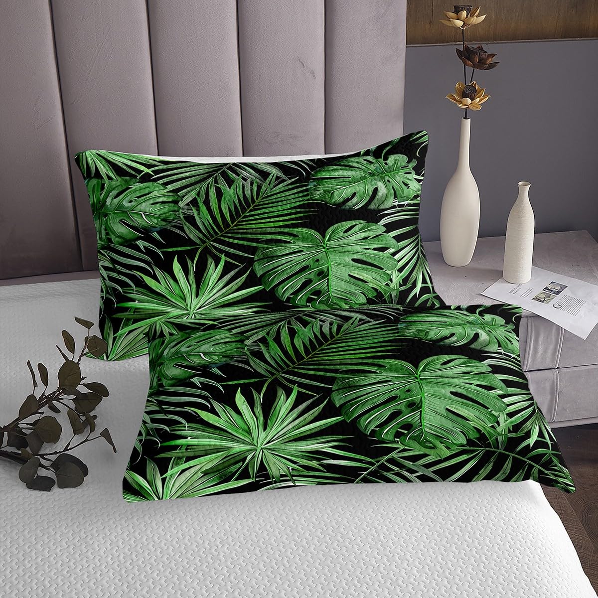 Juego De Edredón Individual Con Hojas Verdes Y Palmera - Algodón 100%, Reversible, Incluye Funda De Almohada